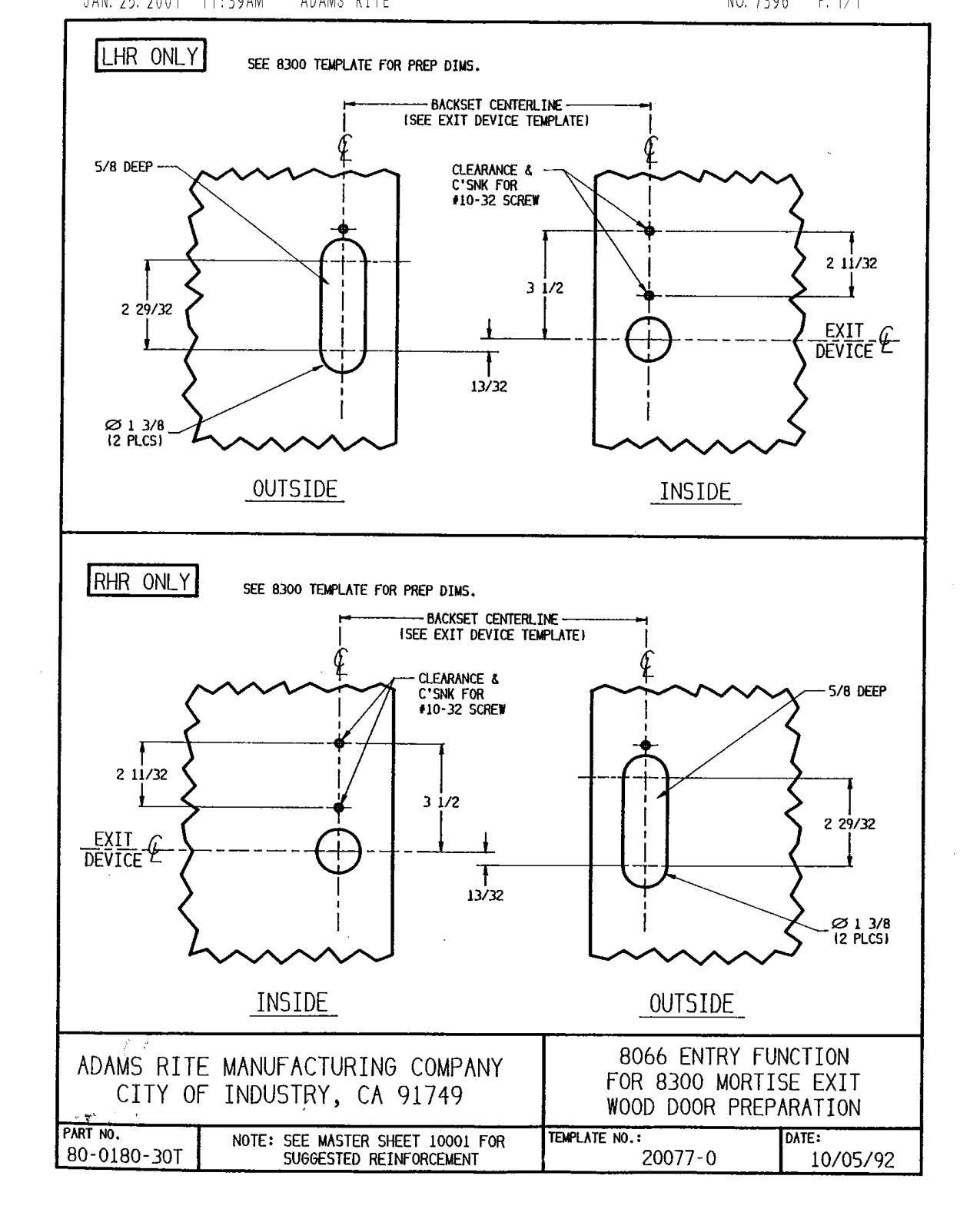 Adams Rite 8300 Exit Device Trim (Wood Door) 20077 Template diagram on page 1
