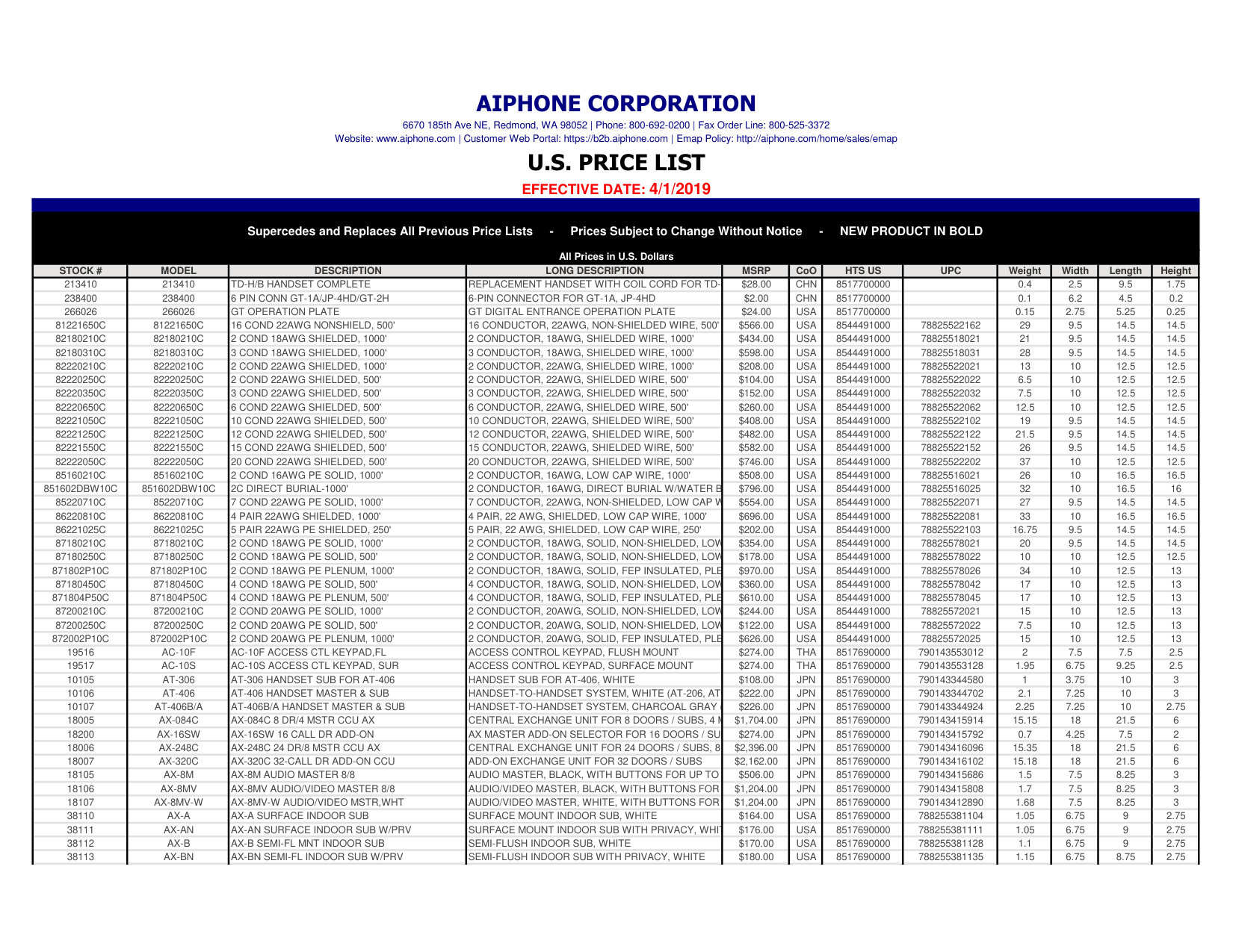 Aiphone-US-Price-List-2019 diagram on page 1