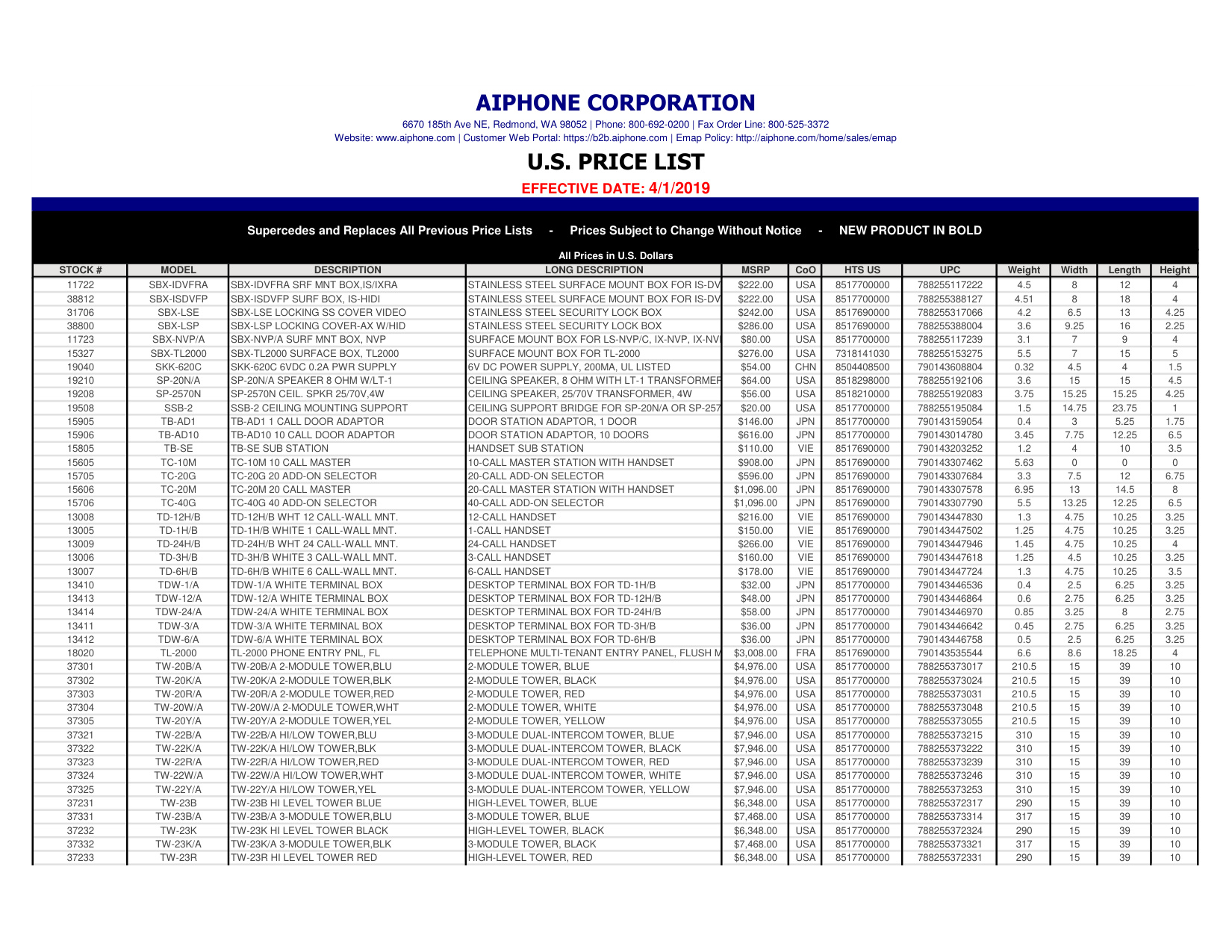 Aiphone-US-Price-List-2019 diagram on page 10