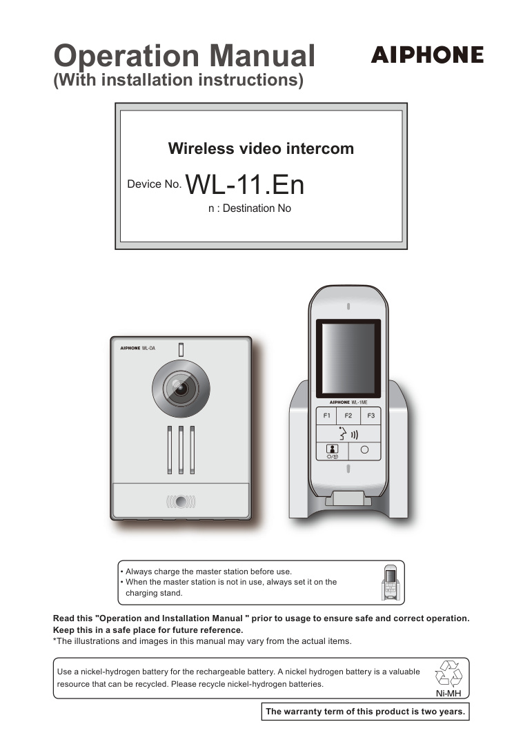 First page of Aiphone Wireless Video WL-11 Series Operation Manual