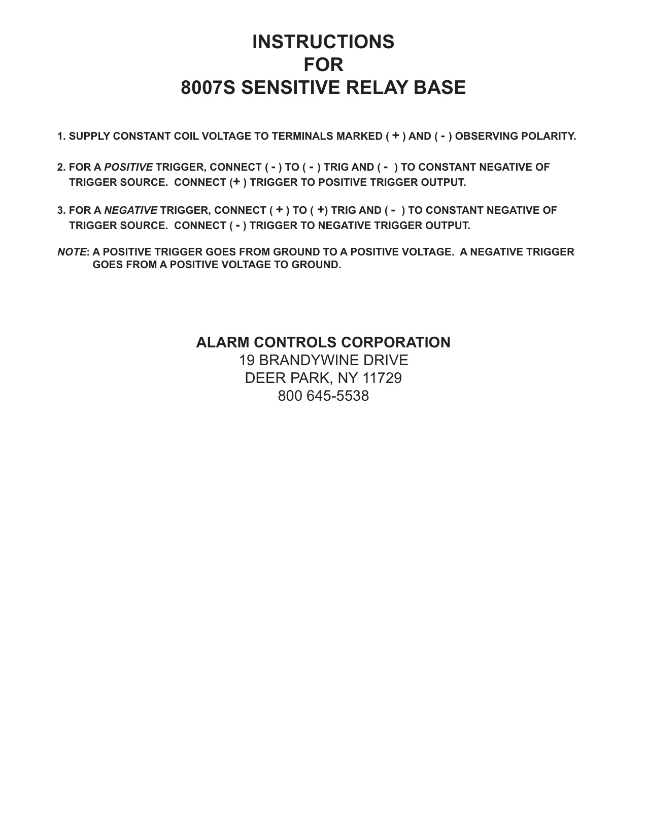 Alarm Controls 8007S Sensitive Relay Base Installation Instructions diagram on page 1