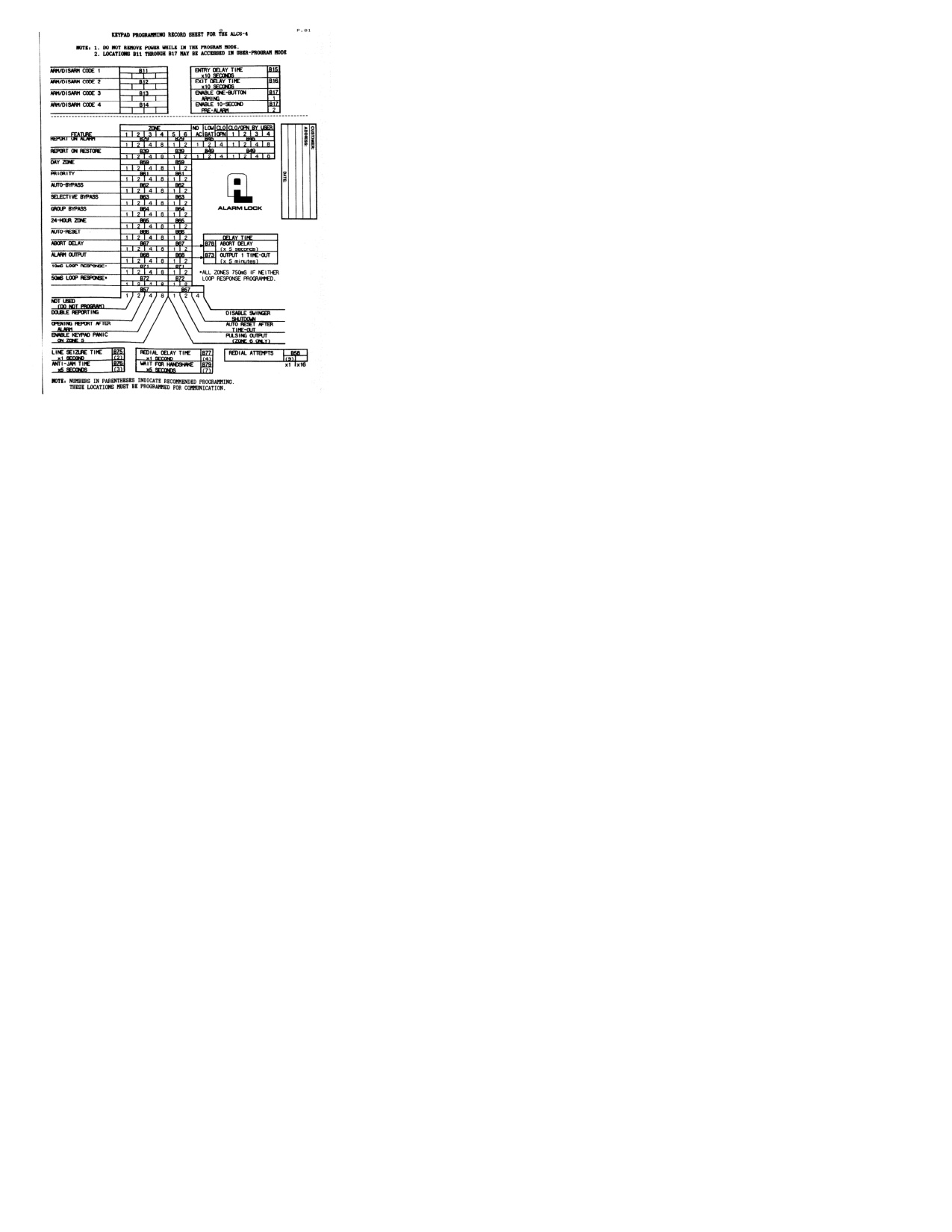 Alarm Lock ALC-6-4 Programming Sheet diagram on page 1