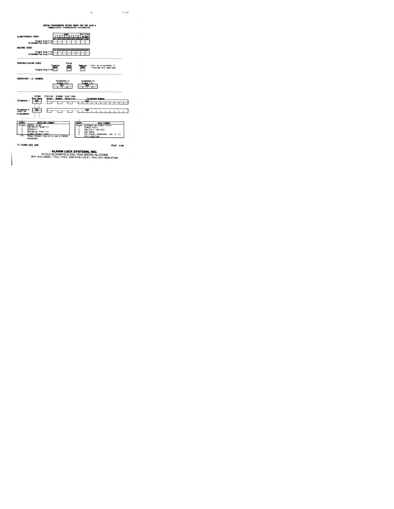 Alarm Lock ALC-6-4 Programming Sheet diagram on page 2