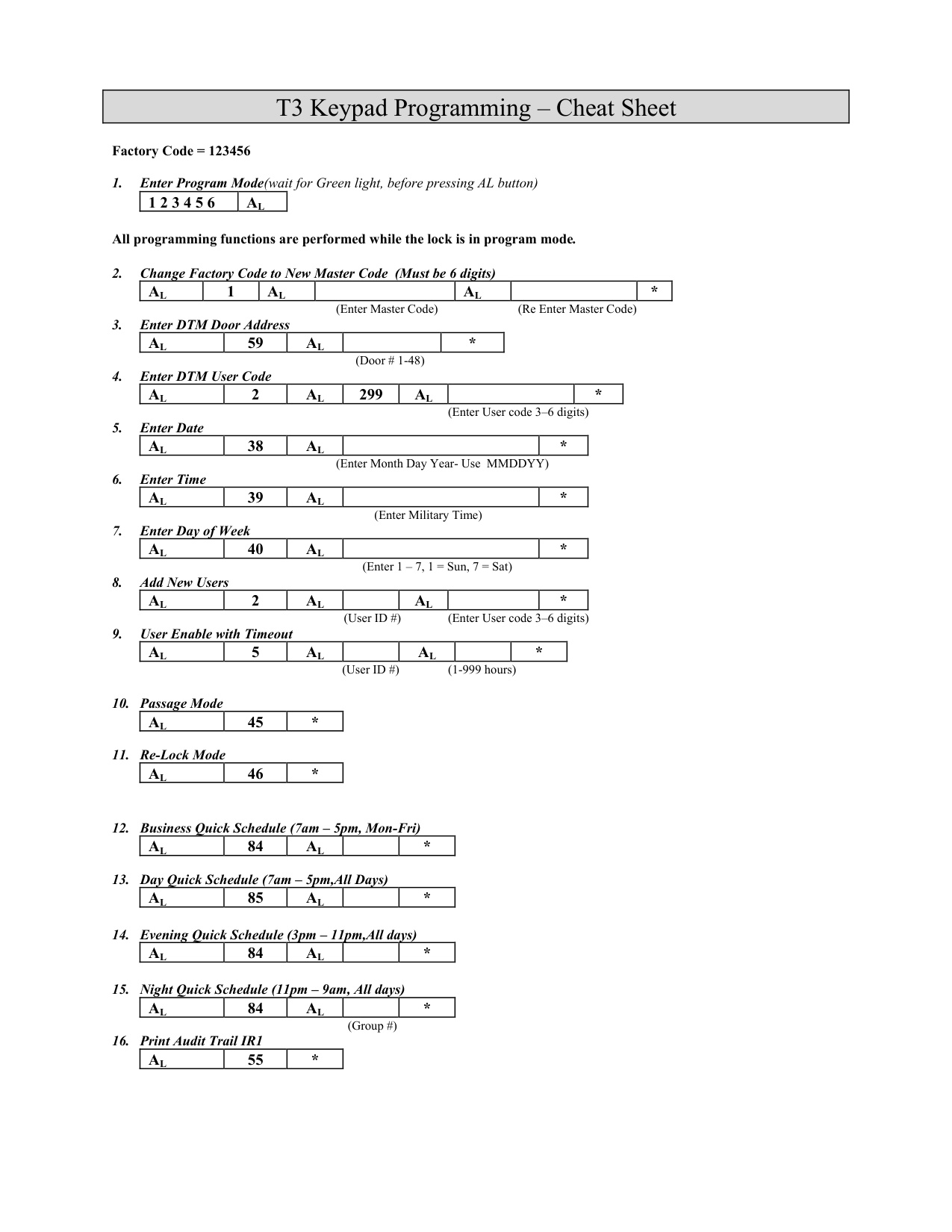Alarm Lock T3 Keyapd Programming Cheat Sheet diagram on page 1