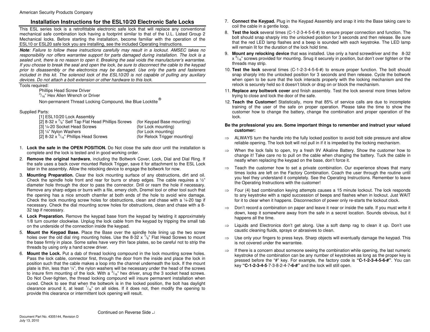 American Security Products (AMSEC) Electronic Safe Locks ESL 10 and 20 Installation Instruction diagram on page 1