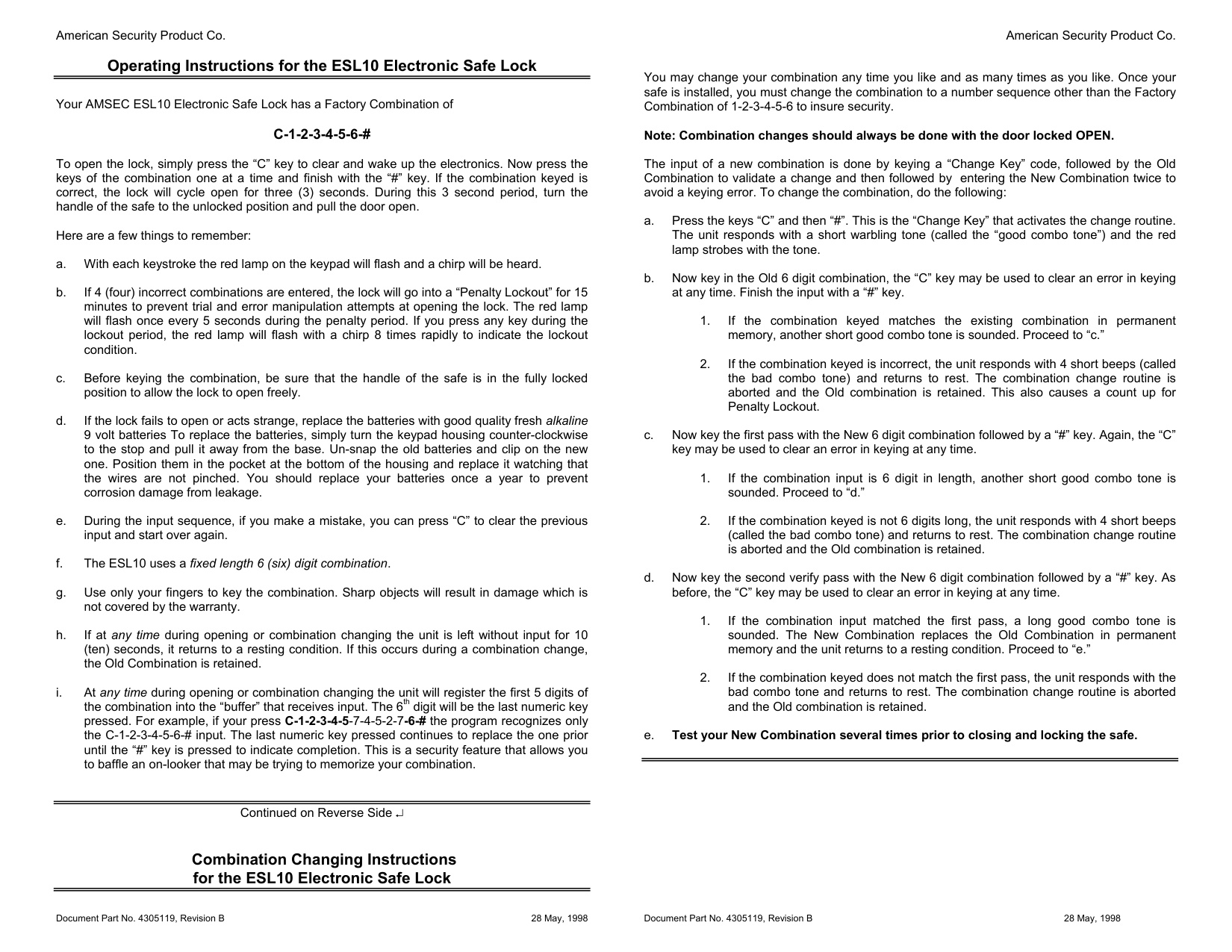 American Security Products (AMSEC) Electronic Safe Locks ESL10 Operations diagram on page 1