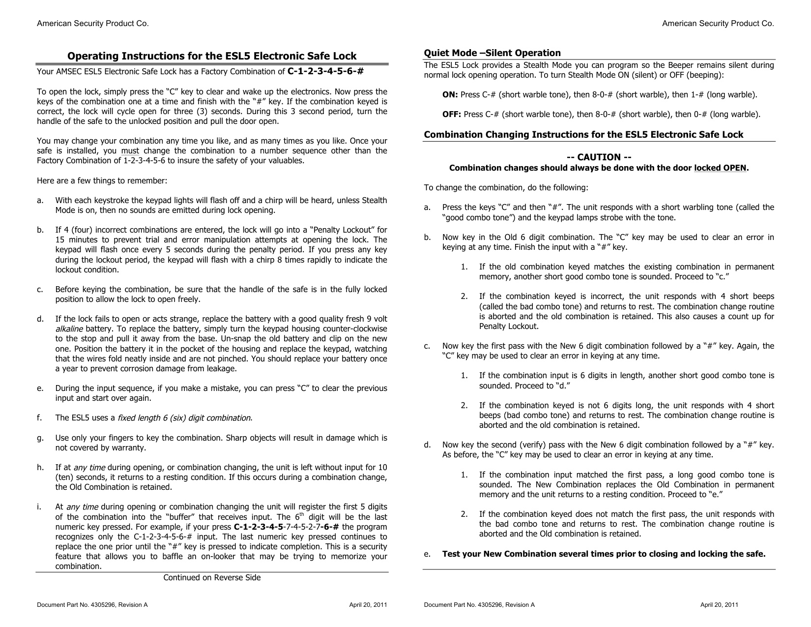 American Security Products (AMSEC) Electronic Safe Locks ESL5 Operating Instructions diagram on page 1