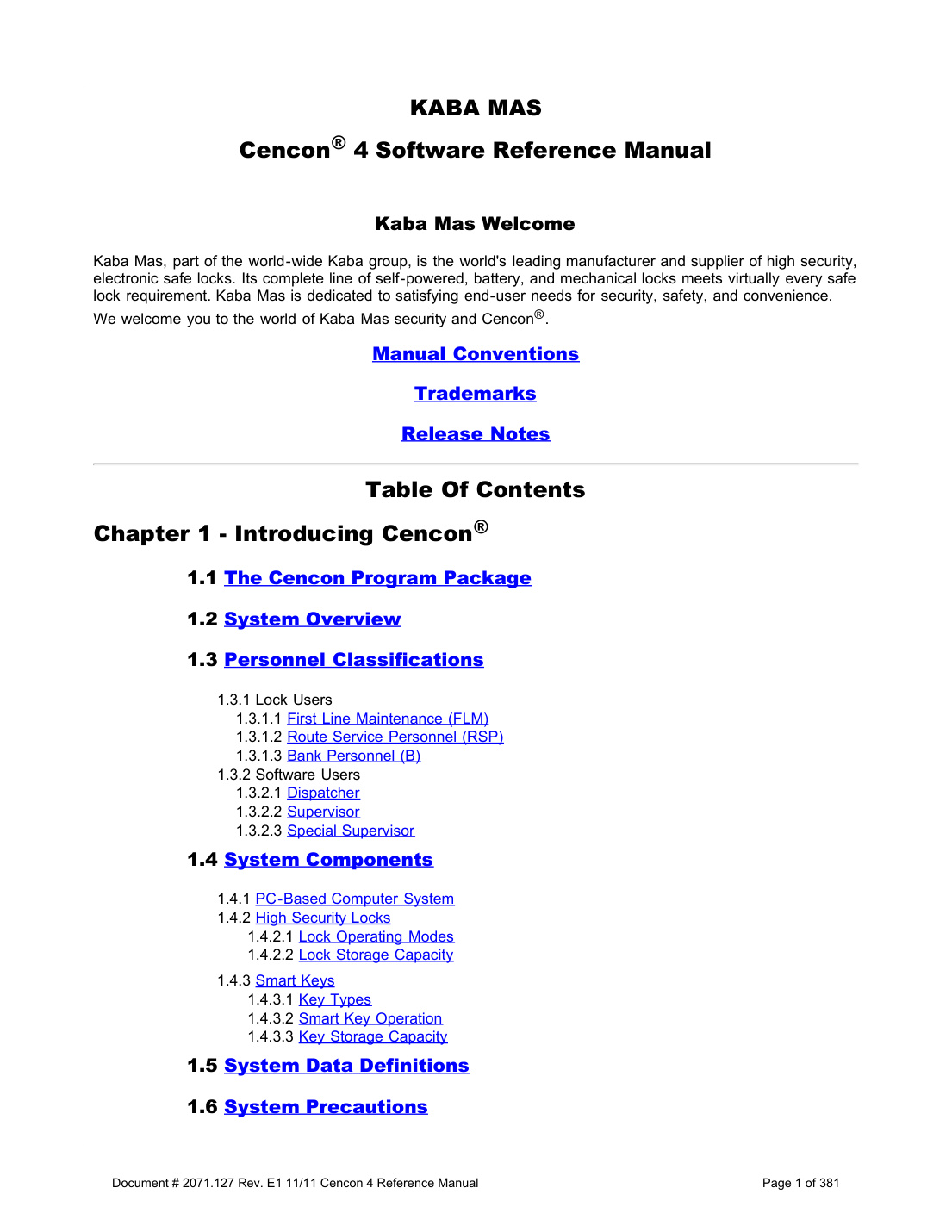 First page of Cencon® 4 Software Reference Manual