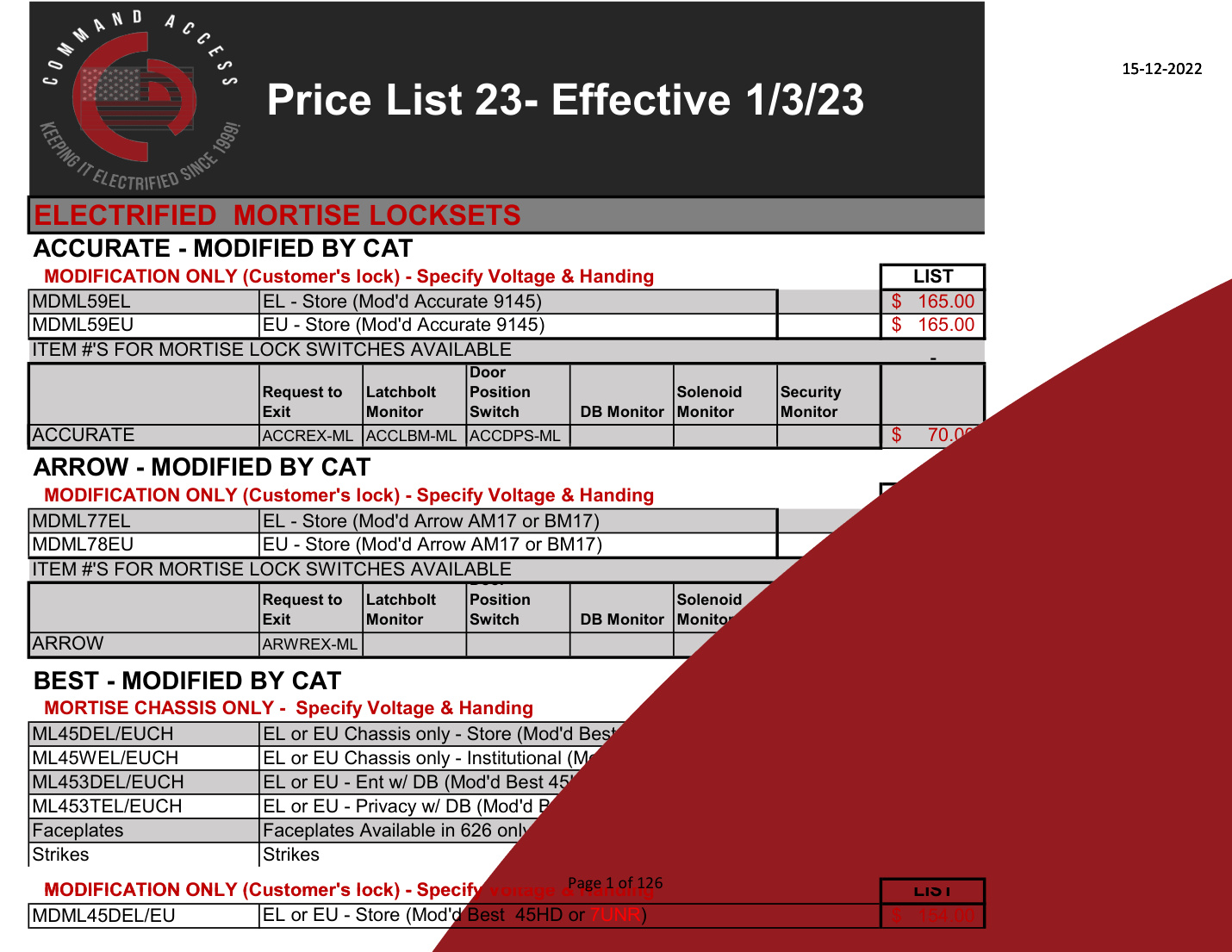 First page of Command Access Pricebook-Jan23
