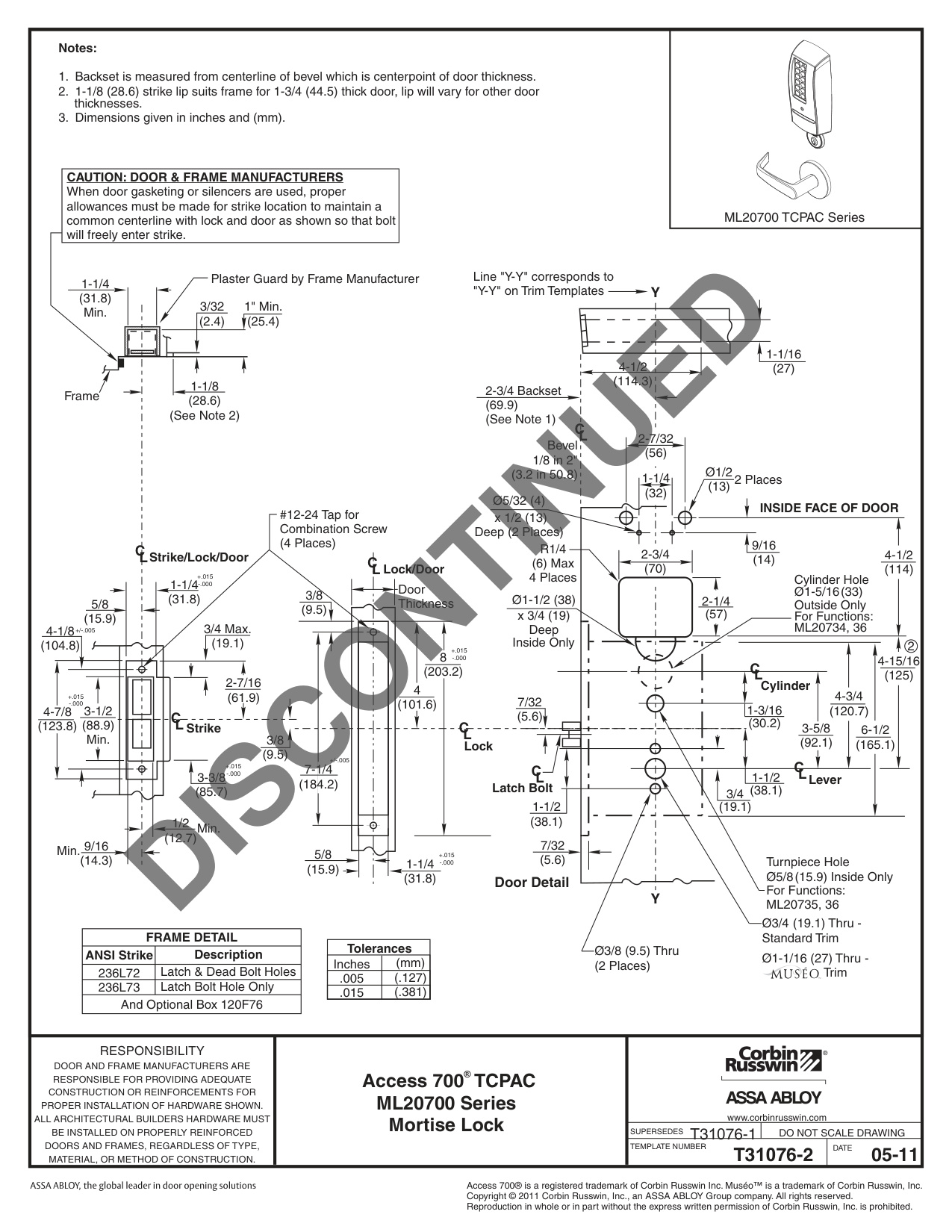 Corbin Russwin Access 700 TCPAC ML20700 Series Template_T31076 diagram on page 1