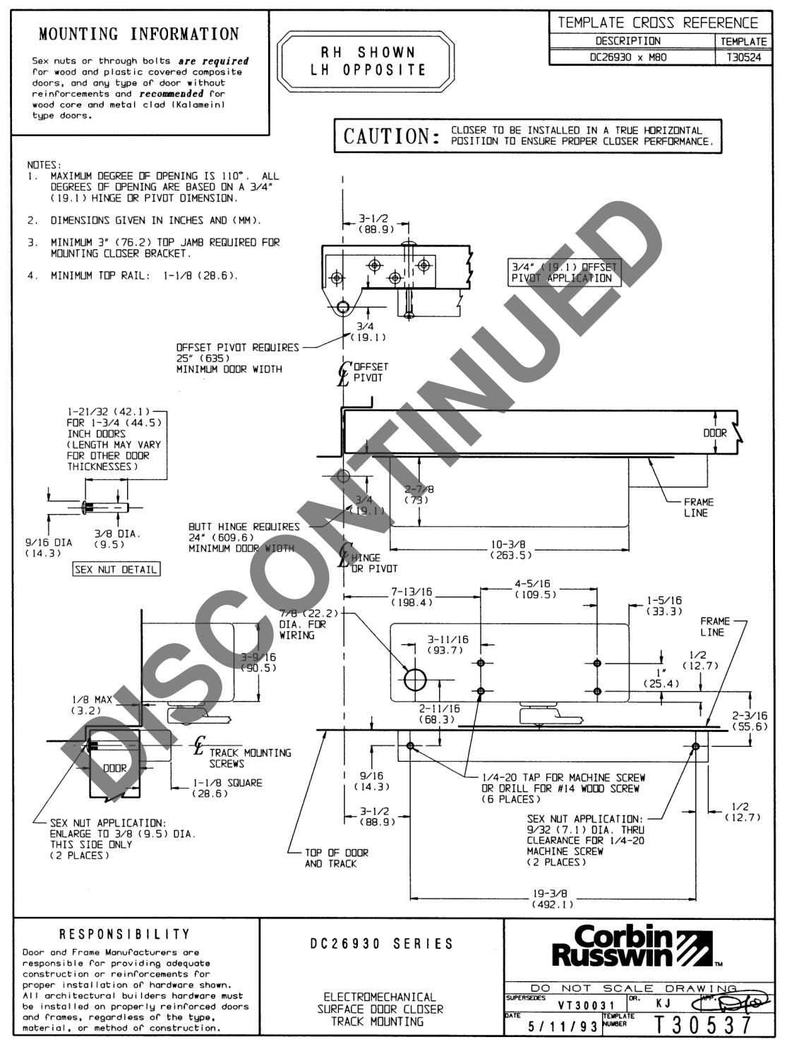 Corbin Russwin DC26900 Series DC26930 Electromechanical Surface Door Closers Track Mounting Template_T30537 diagram on page 1