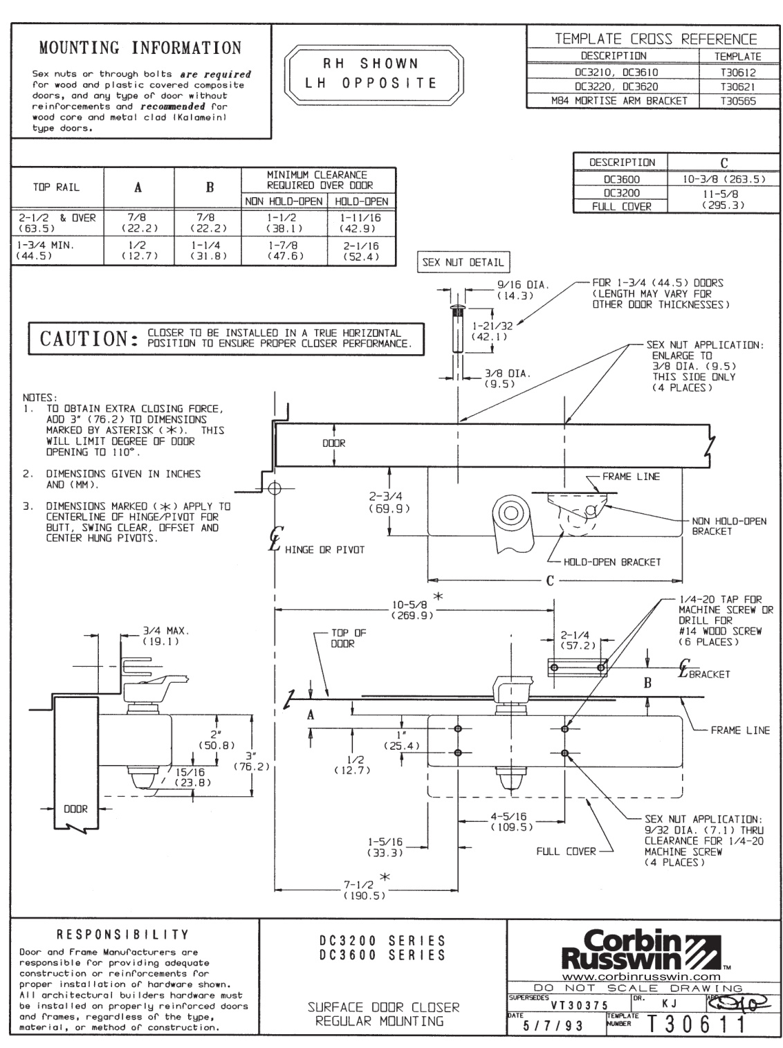 Corbin Russwin DC3000 Series DC3200 Surface Door Closers Regular Mounting Template_T30611 diagram on page 1