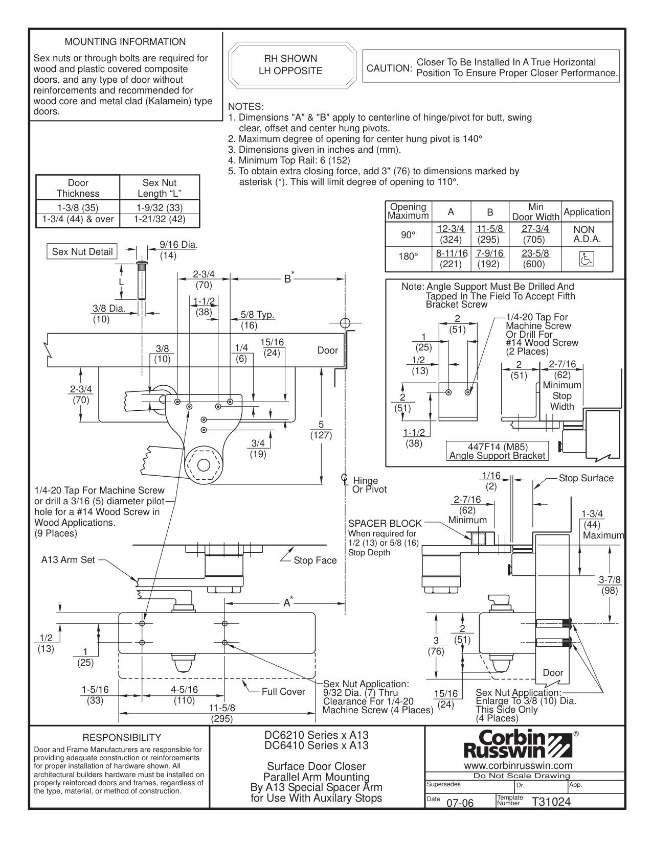 Corbin Russwin DC6000 Series DC6210, DC6410 Surface Door Closer with A13 Arm Parallel Arm Mounting Template_T31024 diagram on