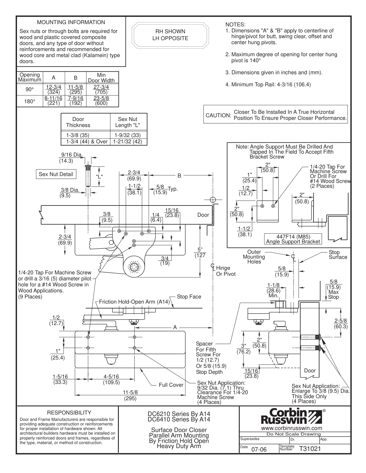 Corbin Russwin DC6000 Series DC6210, DC6410 Surface Door Closer with A14 Arm Parallel Arm Mounting Template_T31021 diagram on