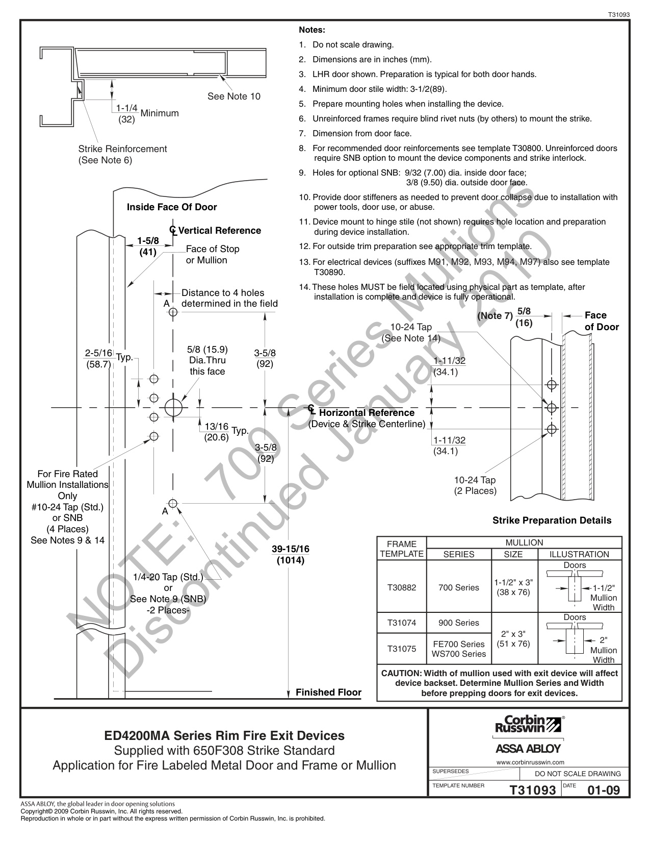 Corbin Russwin ED4200MA Narrow Stile Rim 650F308 Strike Metal Door and Frame or Mullion Template_T31093 diagram on page 1