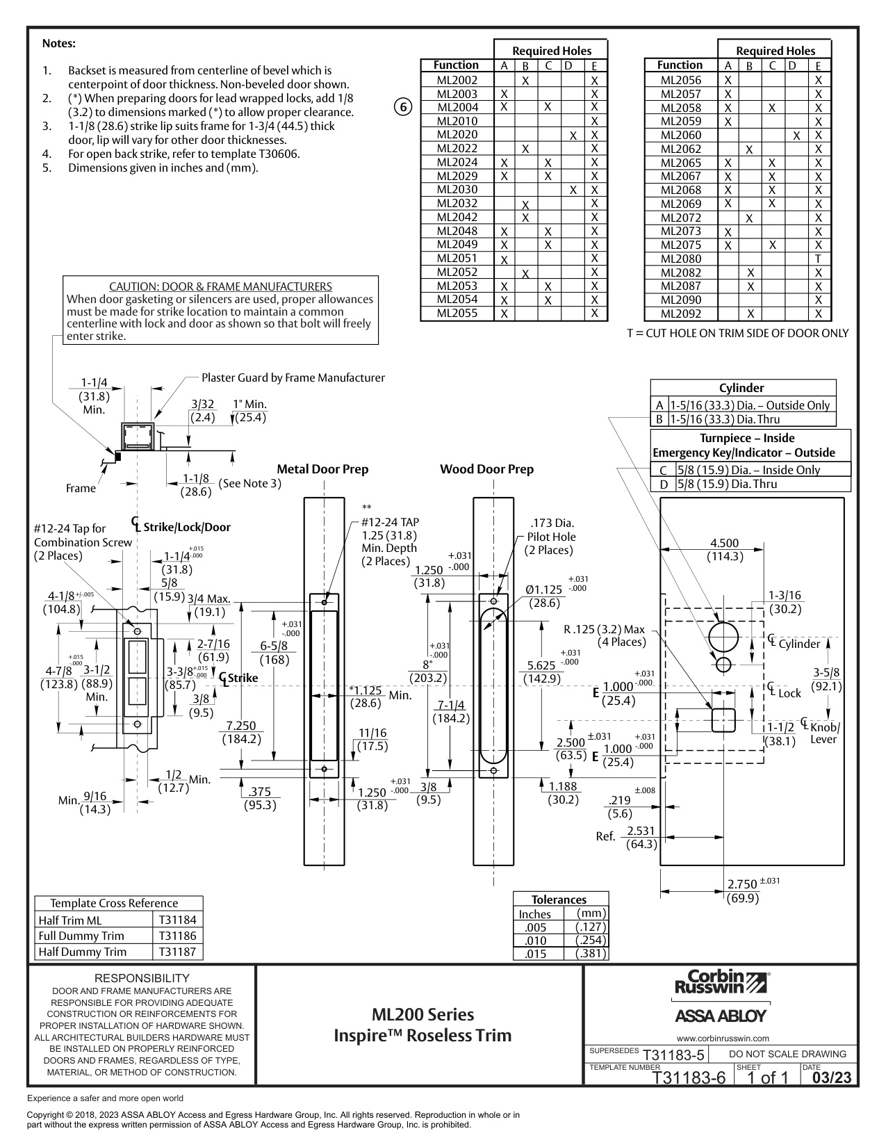 Corbin Russwin Inspire Roseless Trim for ML2000 Series Mortise Locks Template_T31183 diagram on page 1