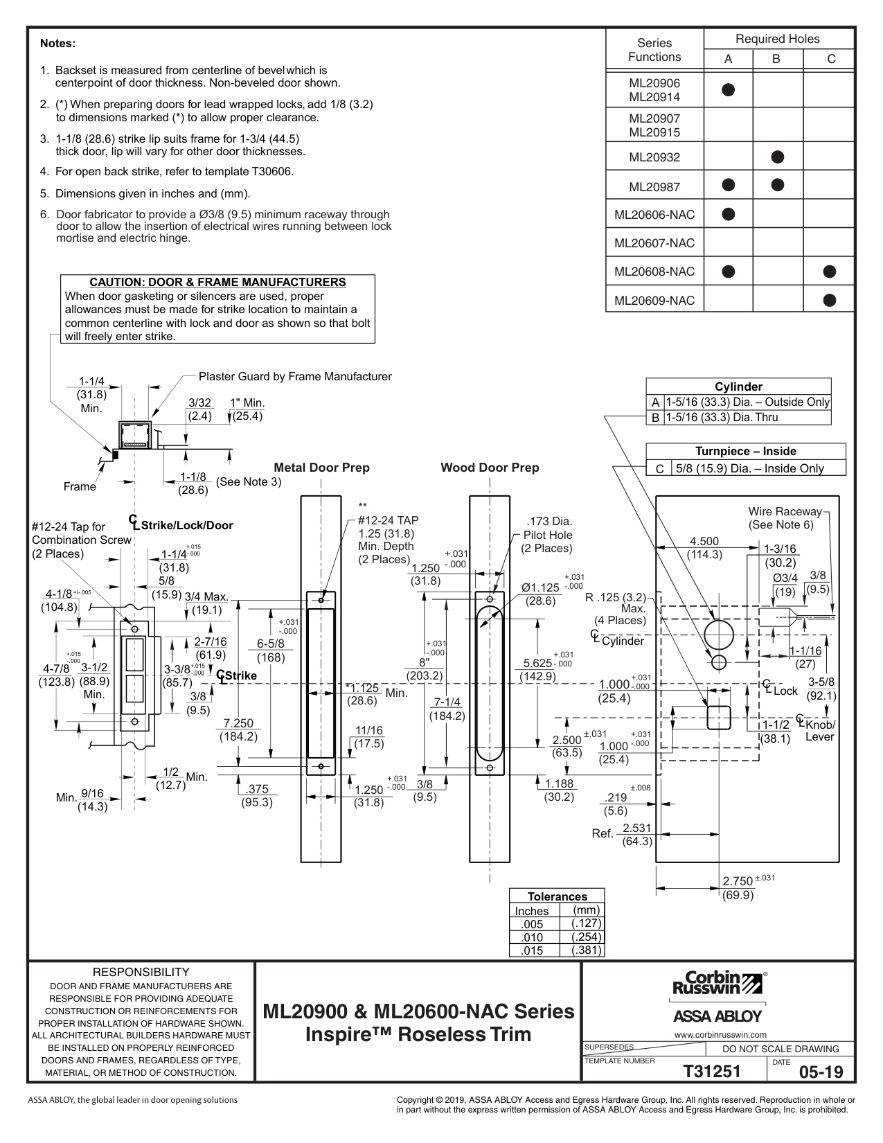 Corbin Russwin Inspire Roseless Trim for ML20600 (NAC) and ML20900 Series Electrically Operated Mortise Locks Te…_T31251 diag