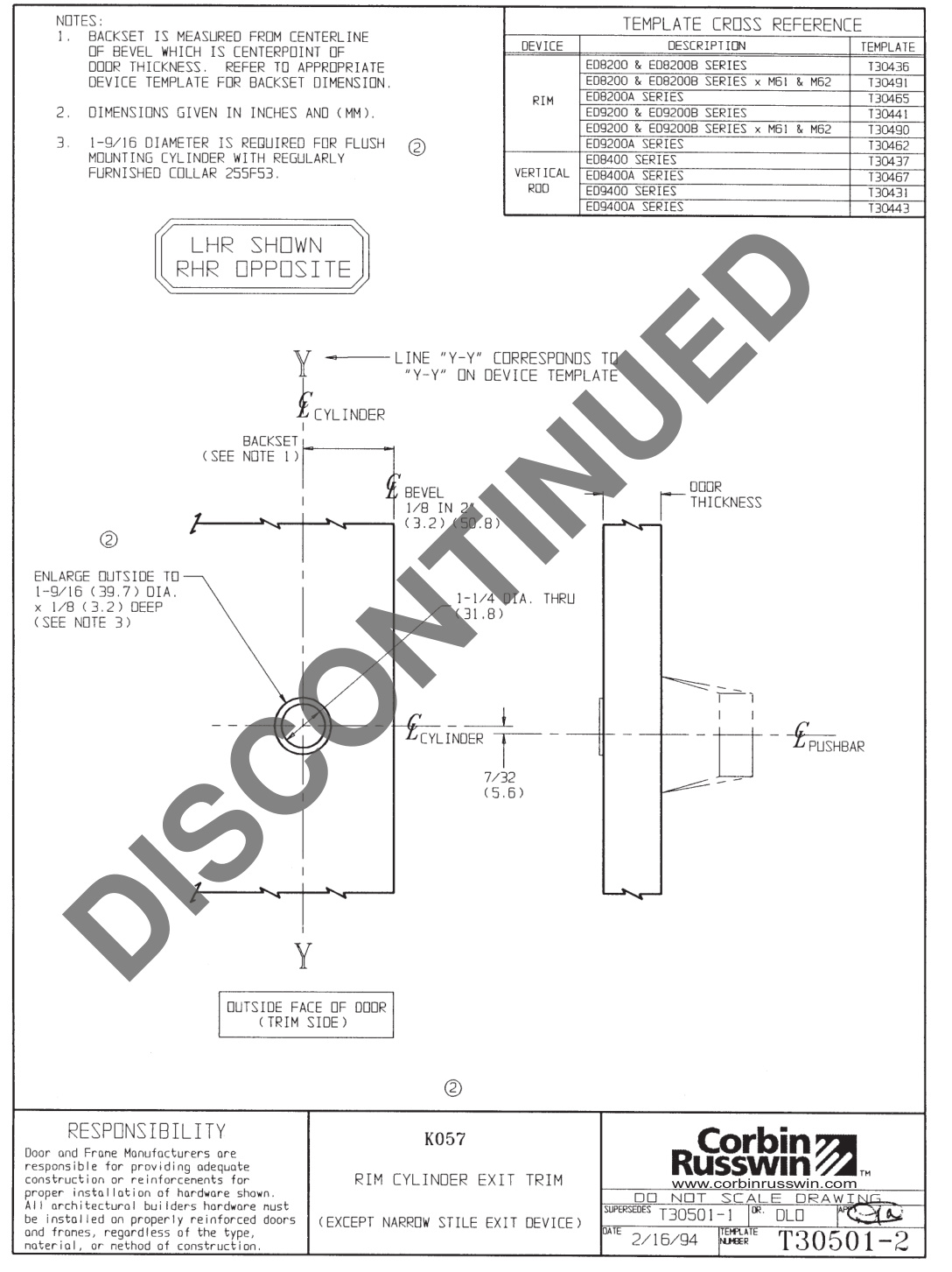 Corbin Russwin K057 Trim Template_T30501 diagram on page 1