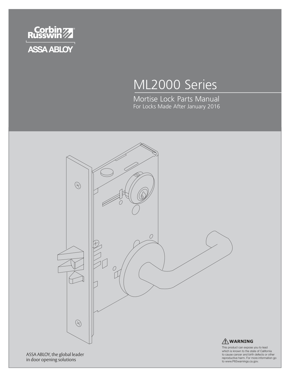 First page of Corbin Russwin ML2000 Series Mortise Lock Parts Manual for Locks Made After January 2016 Service Manual