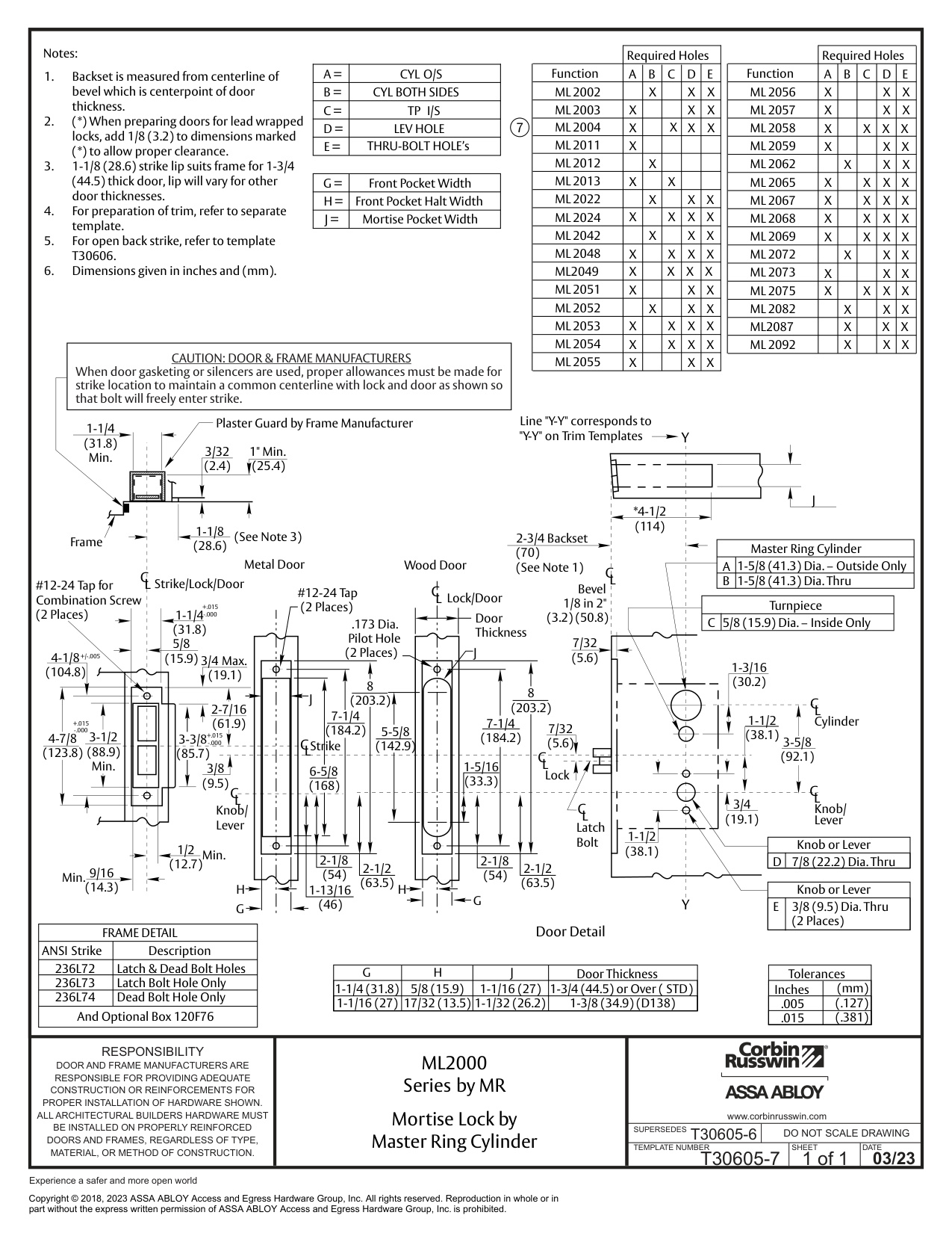 Corbin Russwin ML2000 Series Mortise Locks Master Ring Cylinder (MR) Template_T30605 diagram on page 1
