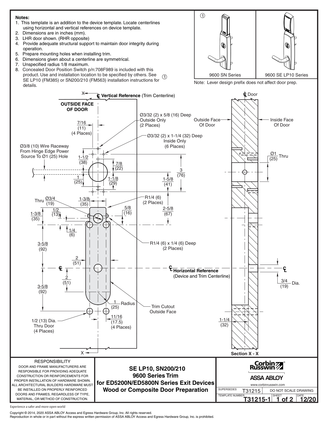 Corbin Russwin SE LP10, SN200, and SN210 Series ED5200N and ED5800N Series Rim and CVR 9600 Series Trim Wood or …_T31215 diag