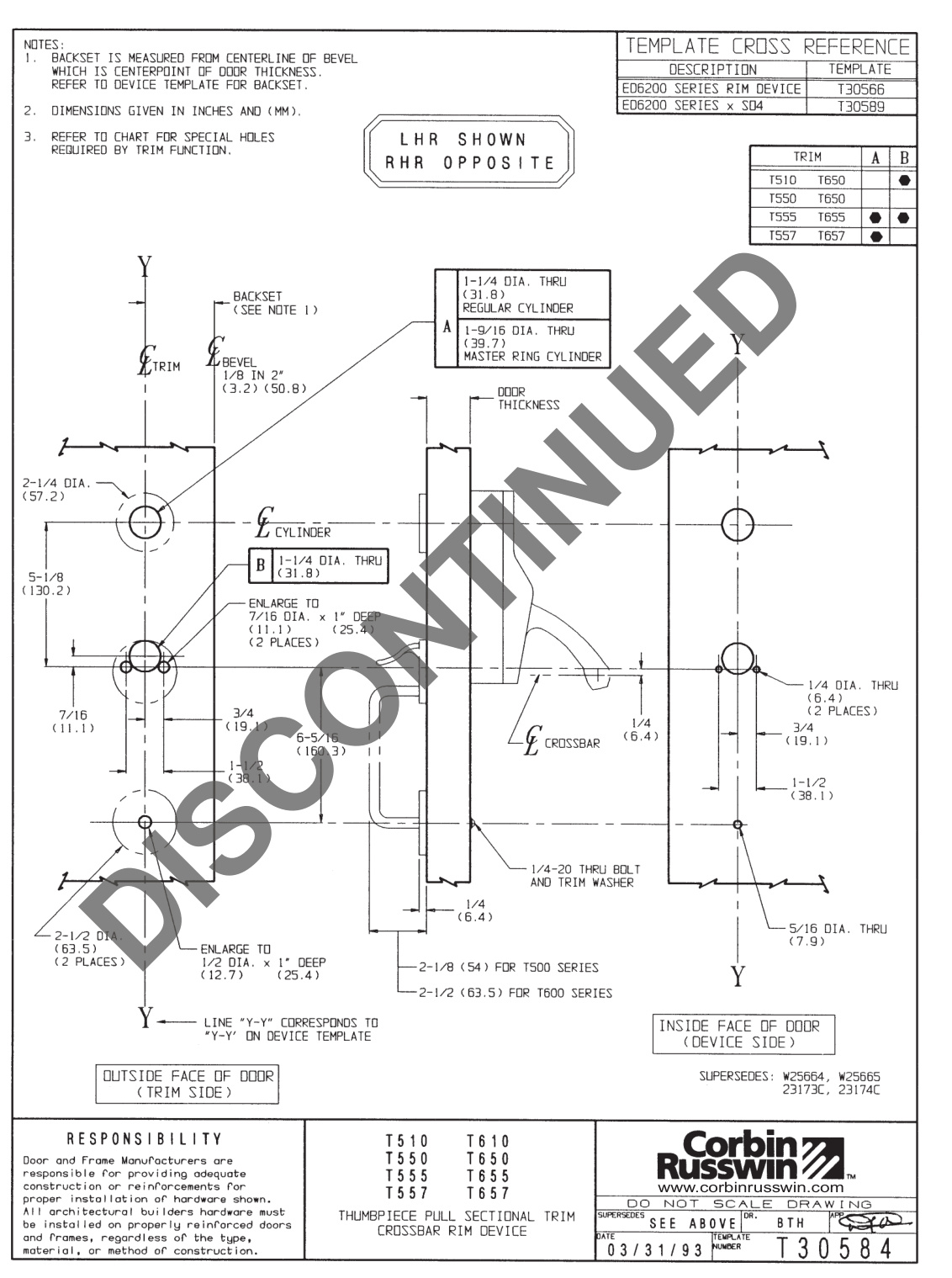 Corbin Russwin T510 and T657 Trim Template_T30584 diagram on page 1