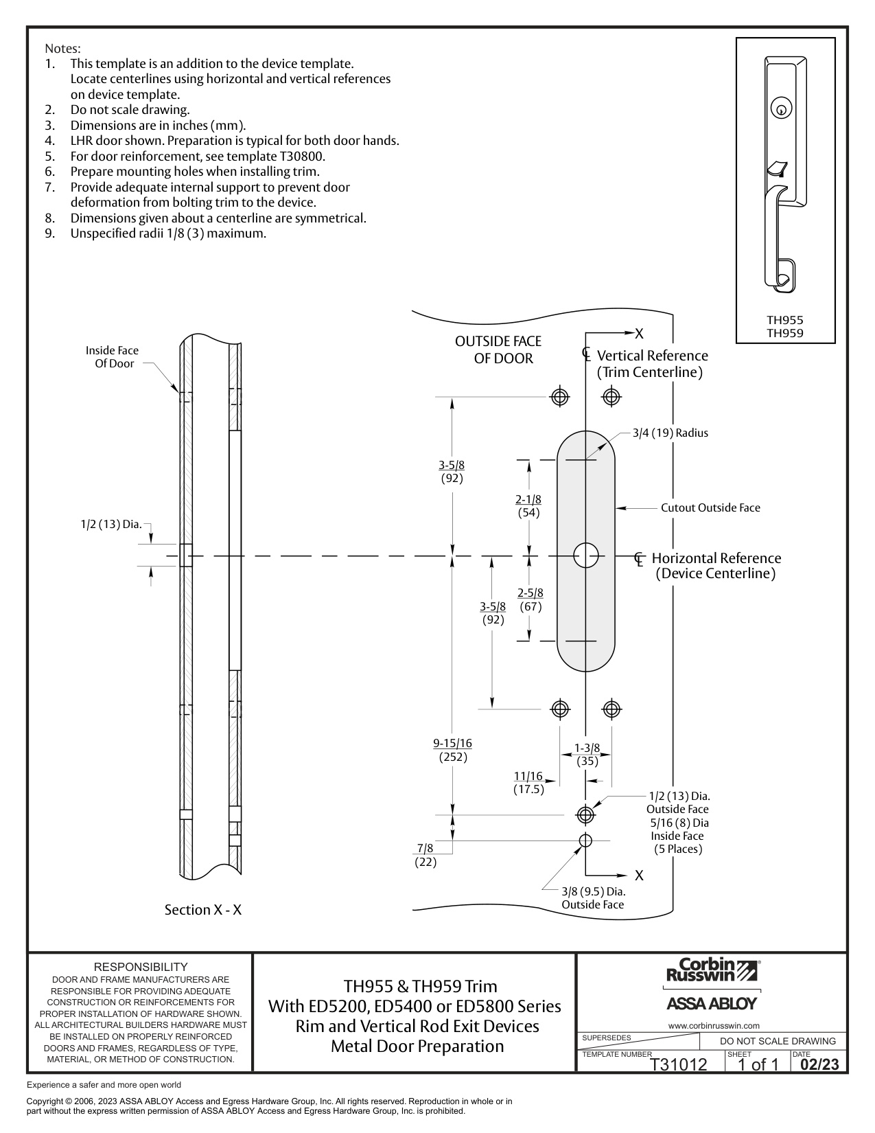 Corbin Russwin TH955 and TH959 Trim for ED5200, ED5400, ED5800 Wide Stile Rim, CVR, SVR Metal Door Template_T31012 diagram on