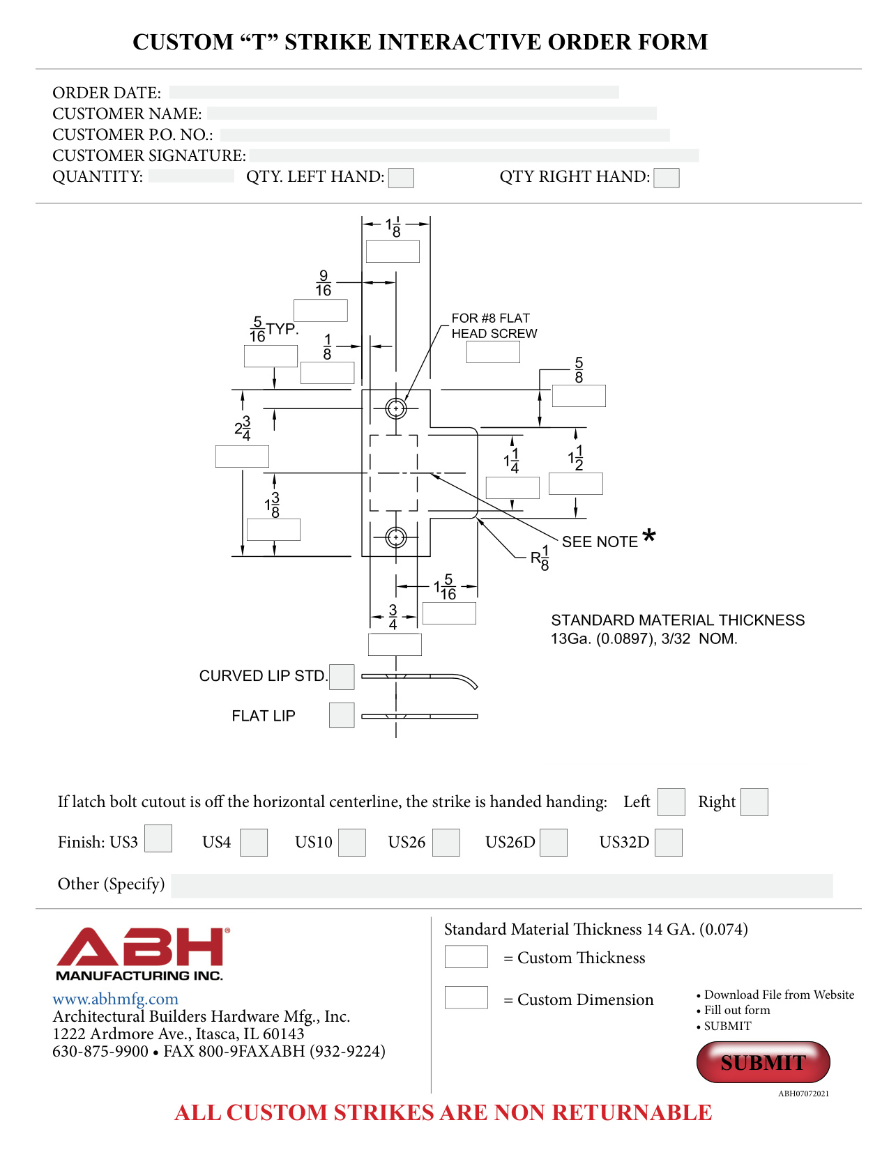 Custom T-Strike Order Form diagram on page 1