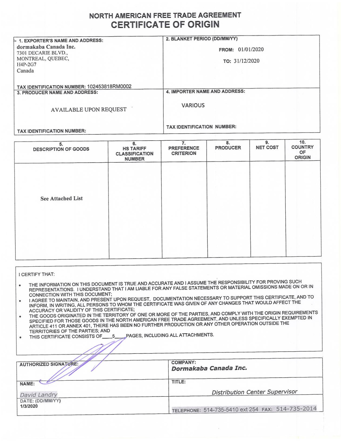 First page of Dorma Kaba BAA-NAFTA Certificate