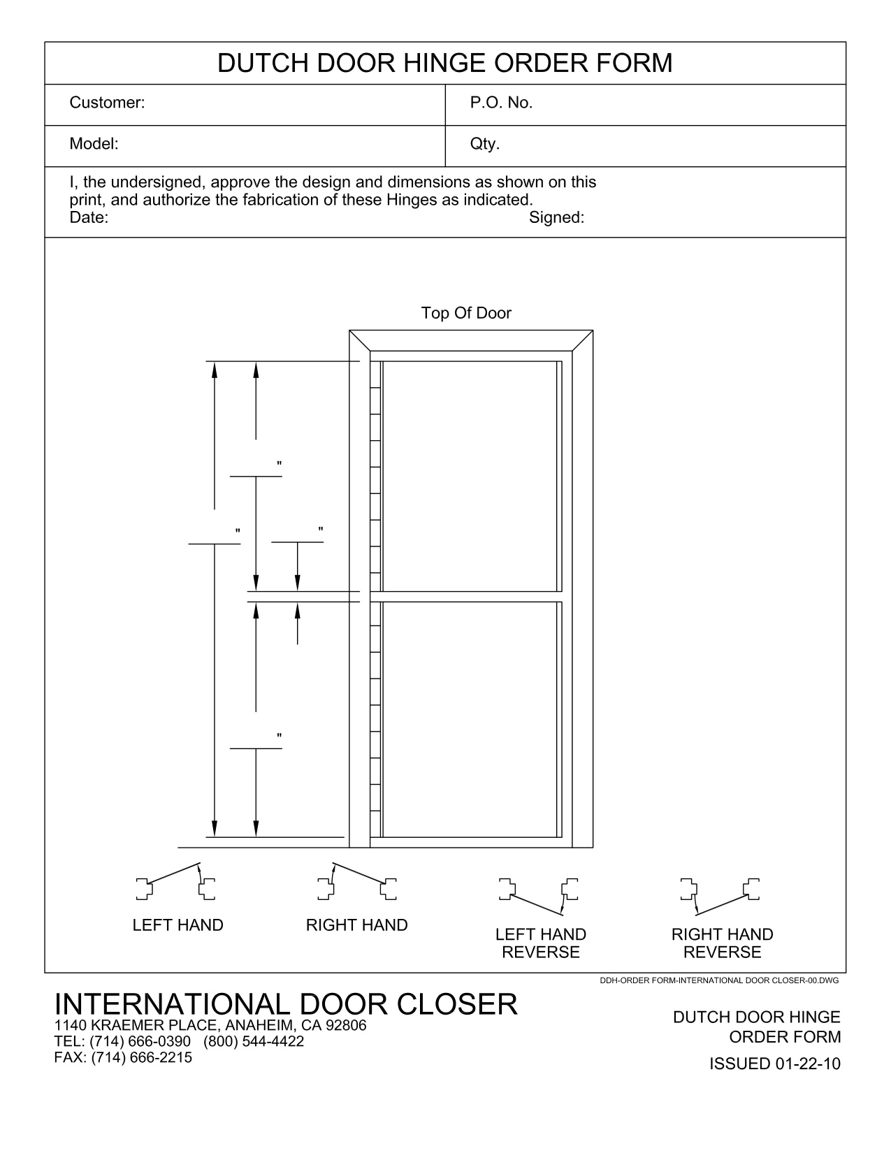 Duch Door Hinge Order Form For Stainless Steel Hinge diagram on page 1
