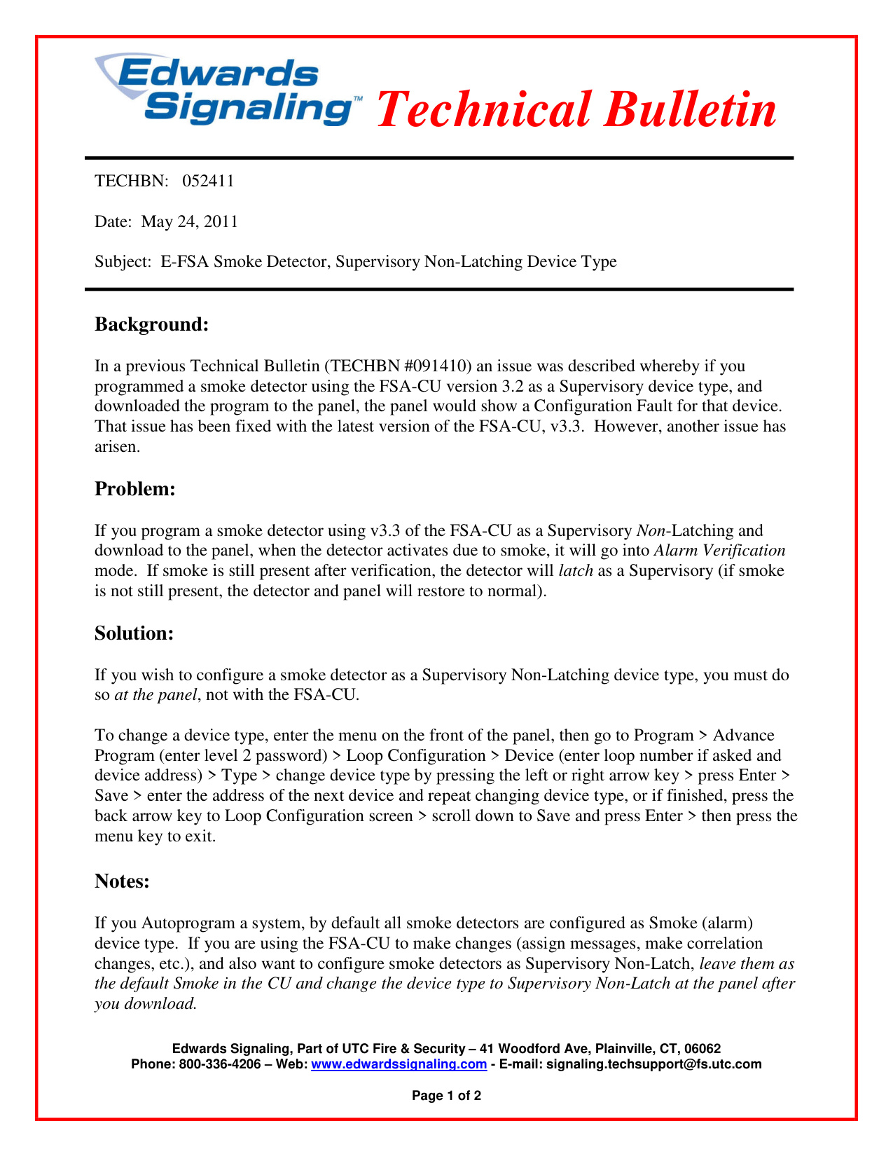 Edwards Signaling Tech Bulletin E-FSA Smoke Det Sup Non-Latch diagram on page 1