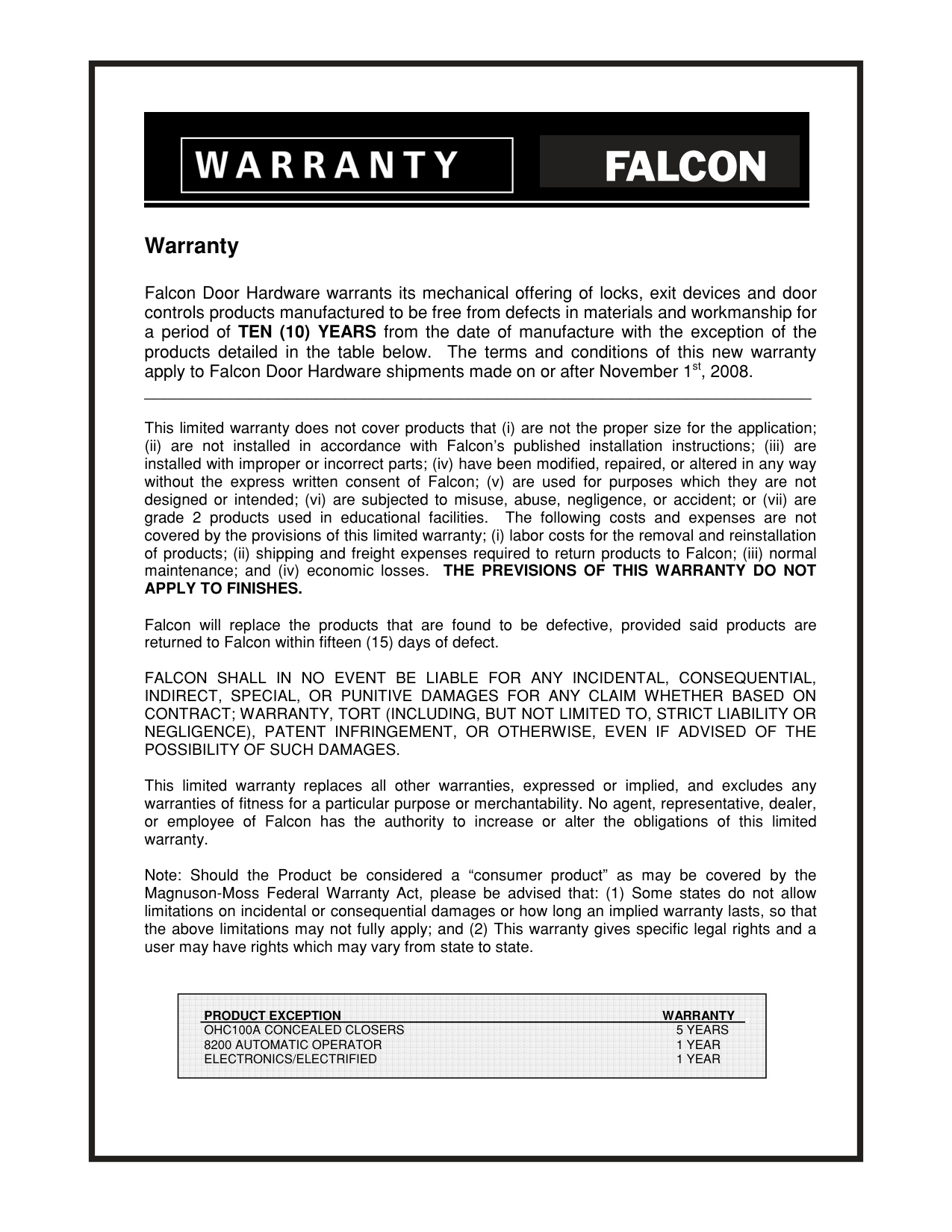 Falcon Product Warranty 106201 diagram on page 1