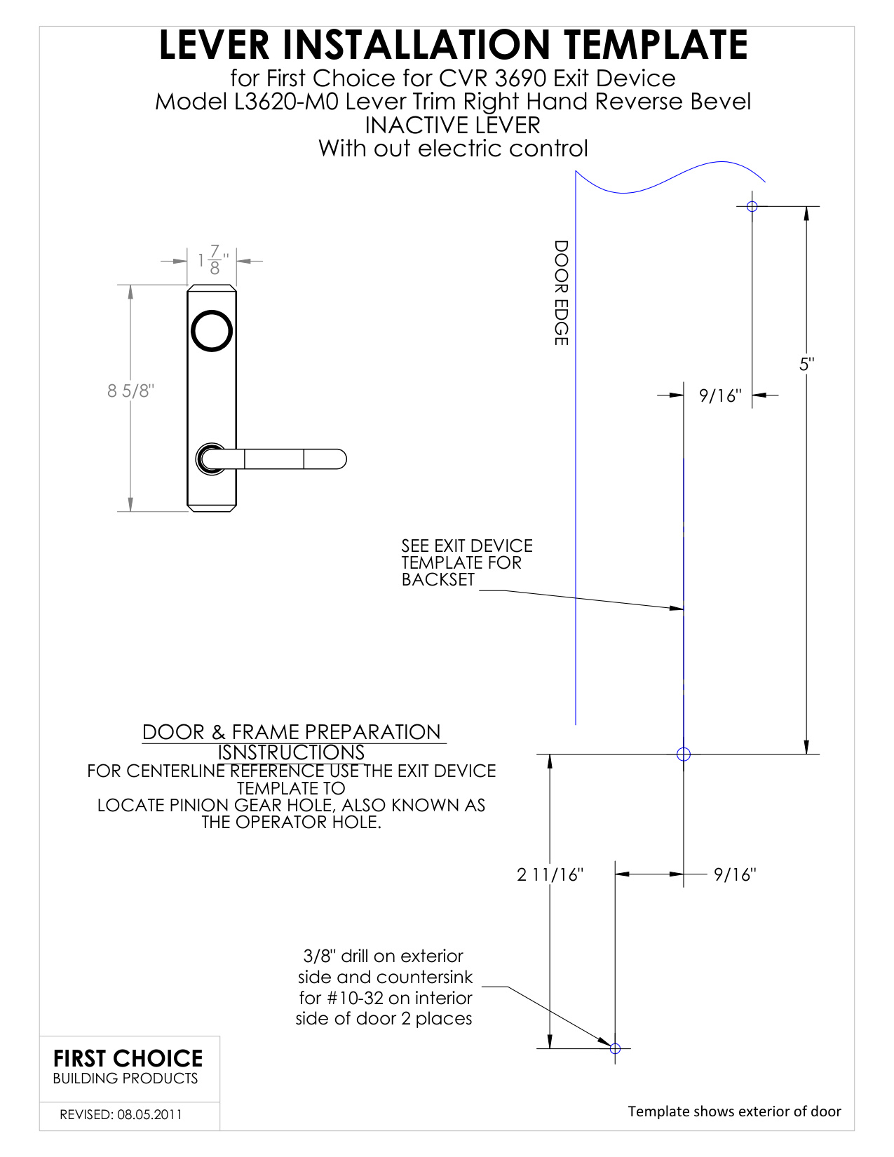 First Choice Building Products Model L3620D-MO Lever Installation Template diagram on page 1