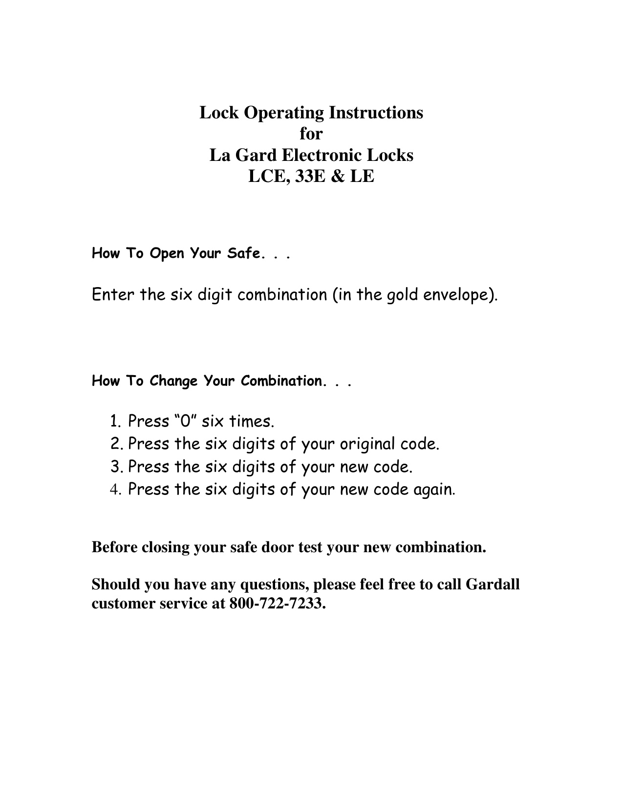 Gardall LaGard Electronic Locks Opreating Instructions diagram on page 1