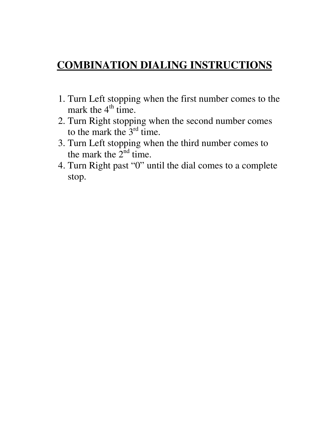 Gardall Mechanical Combination Lock Dialing Instructions diagram on page 1