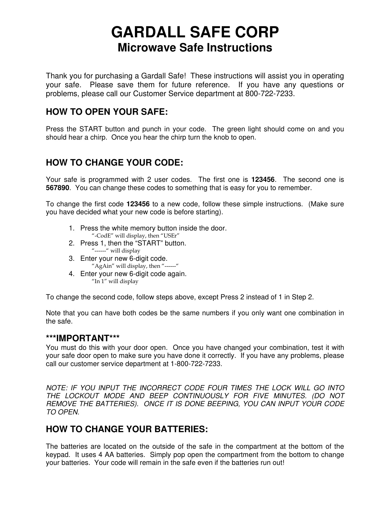 Gardall Microwave Safe Electronic Lock (New) Instructions diagram on page 1