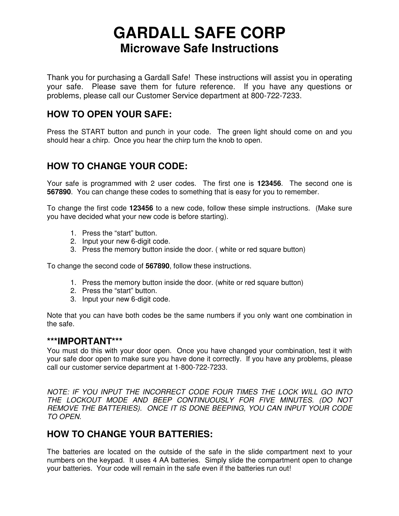 Gardall Microwave Safe Electronic Lock (Old) Instructions diagram on page 1