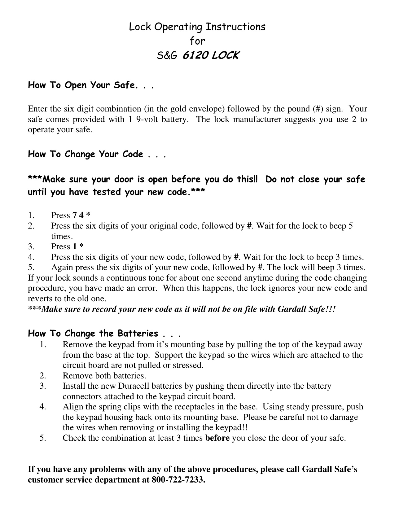 Gardall S & G 6120 Lock Opreating Instructions diagram on page 1