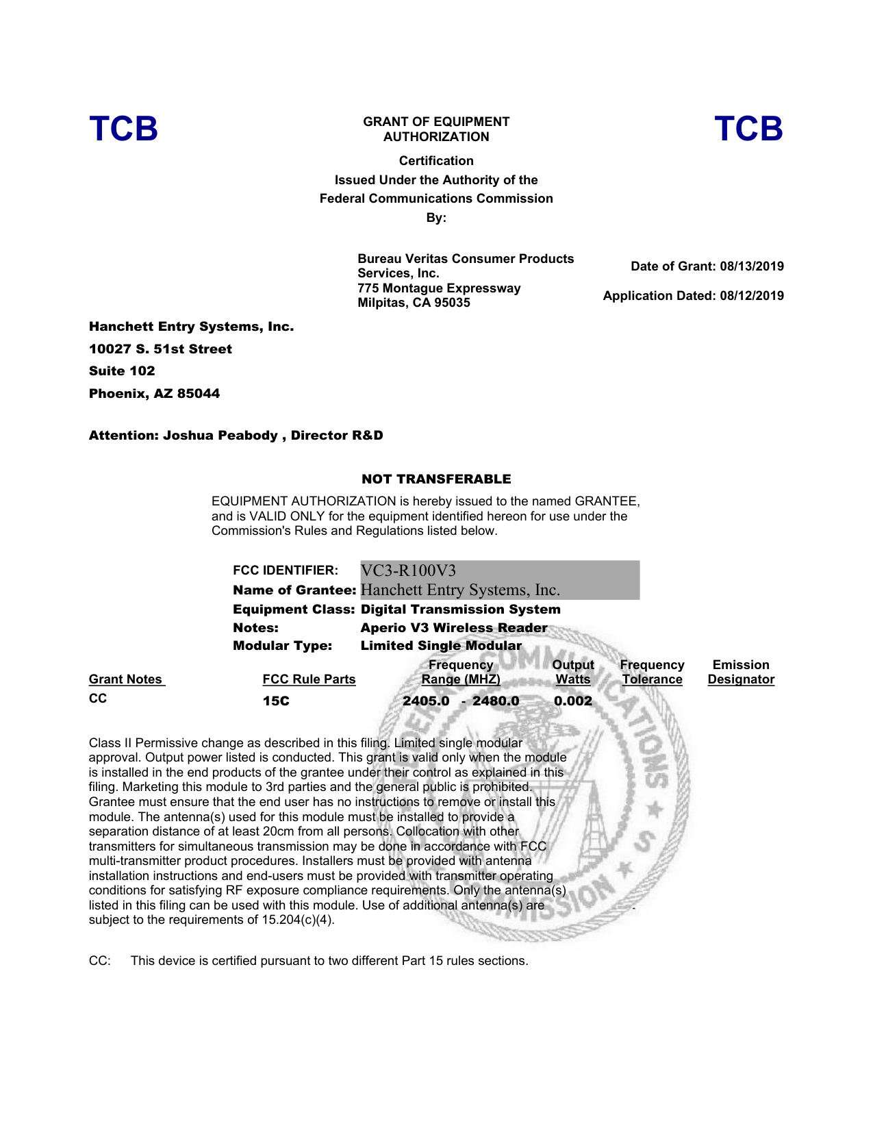 HES K100 KS100 R100 Cabinet Lock FCC-R100 Grant Certification diagram on page 1