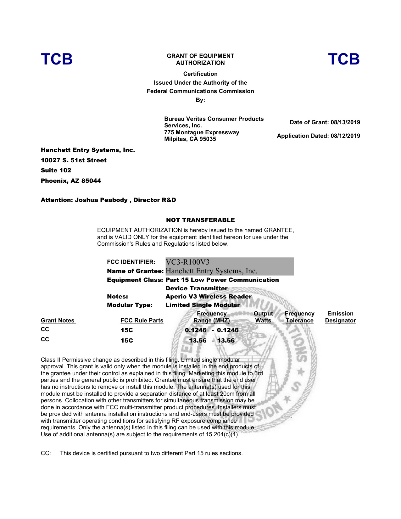 HES K100 KS100 R100 CabinetLock FCC-R100 Grant DXX Certification diagram on page 1