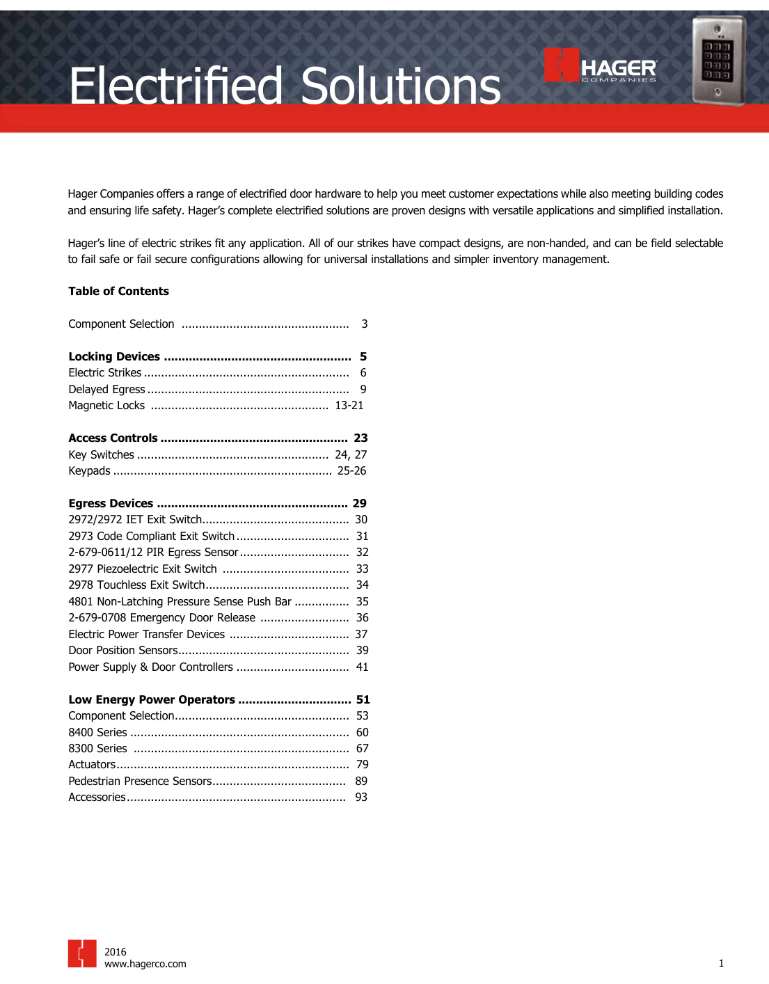 First page of Hager 2016 Electrified Solutions Catalog