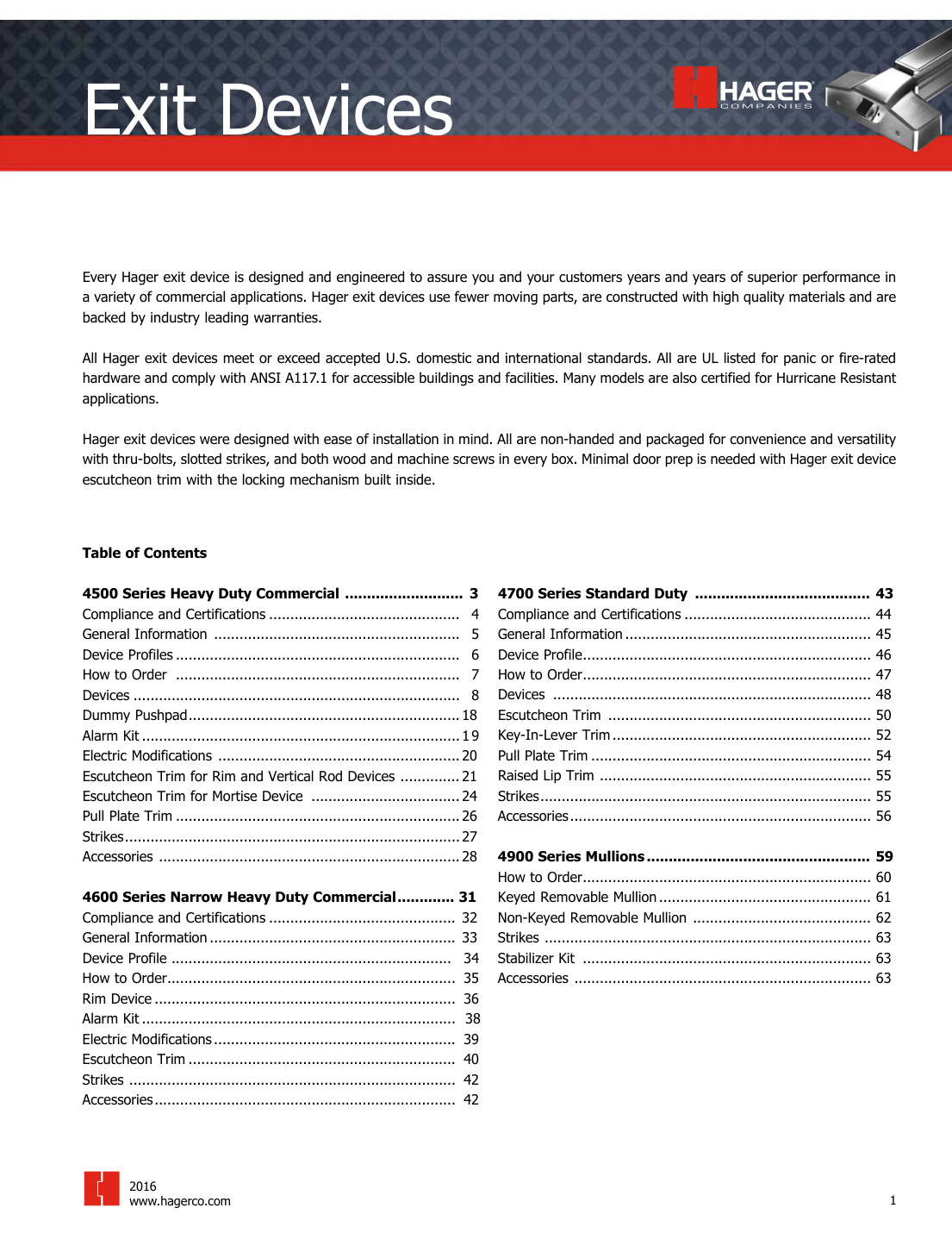 First page of Hager 2016 Exit Devices Catalog