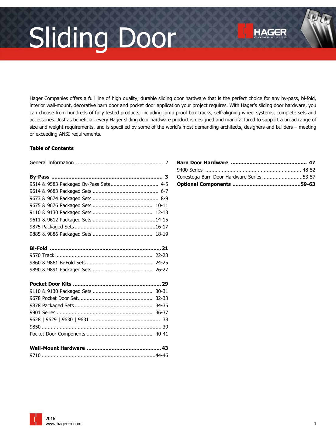 First page of Hager 2016 Sliding Door Hardware Catalog