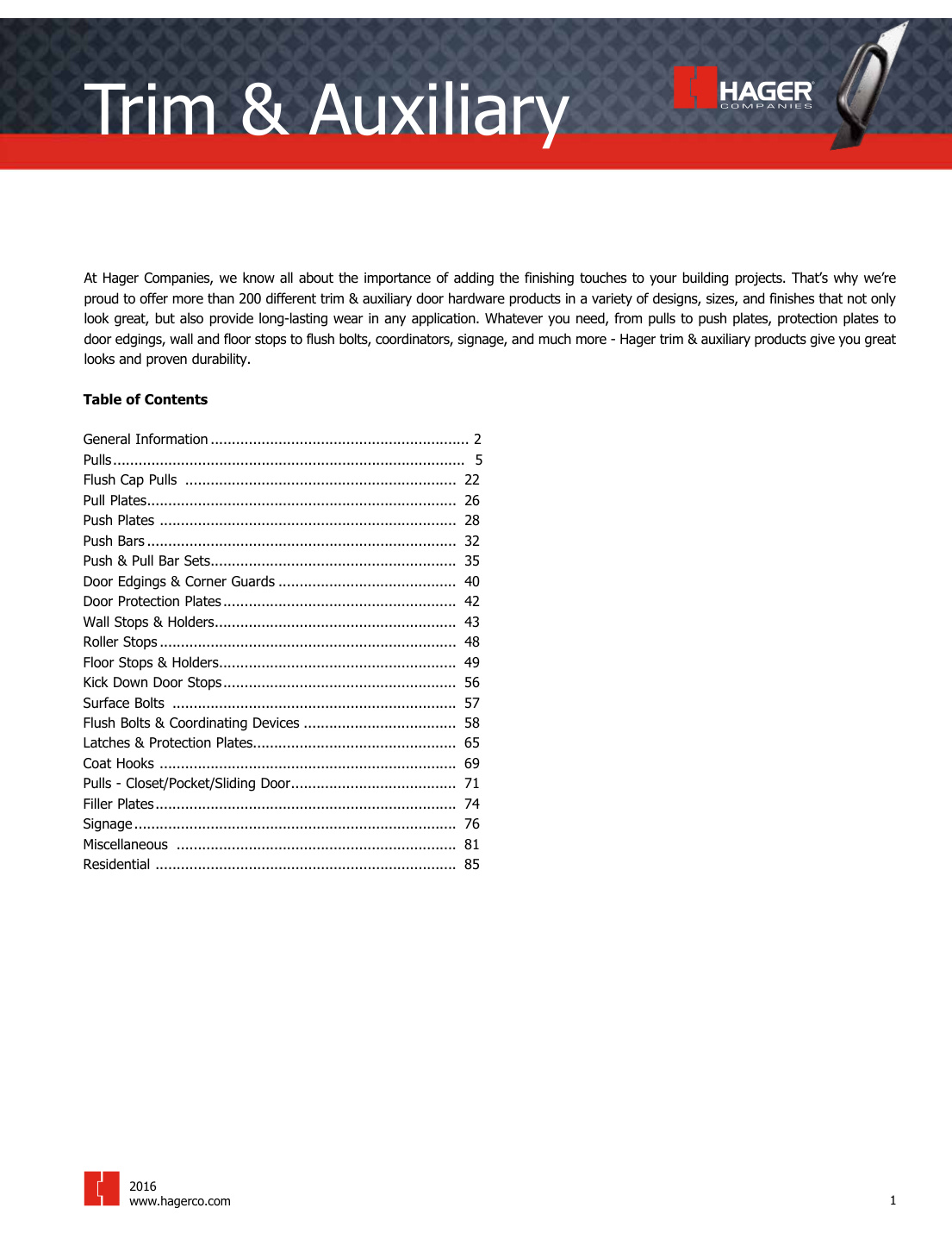 First page of Hager 2016 Trim & Auxiliary Catalog