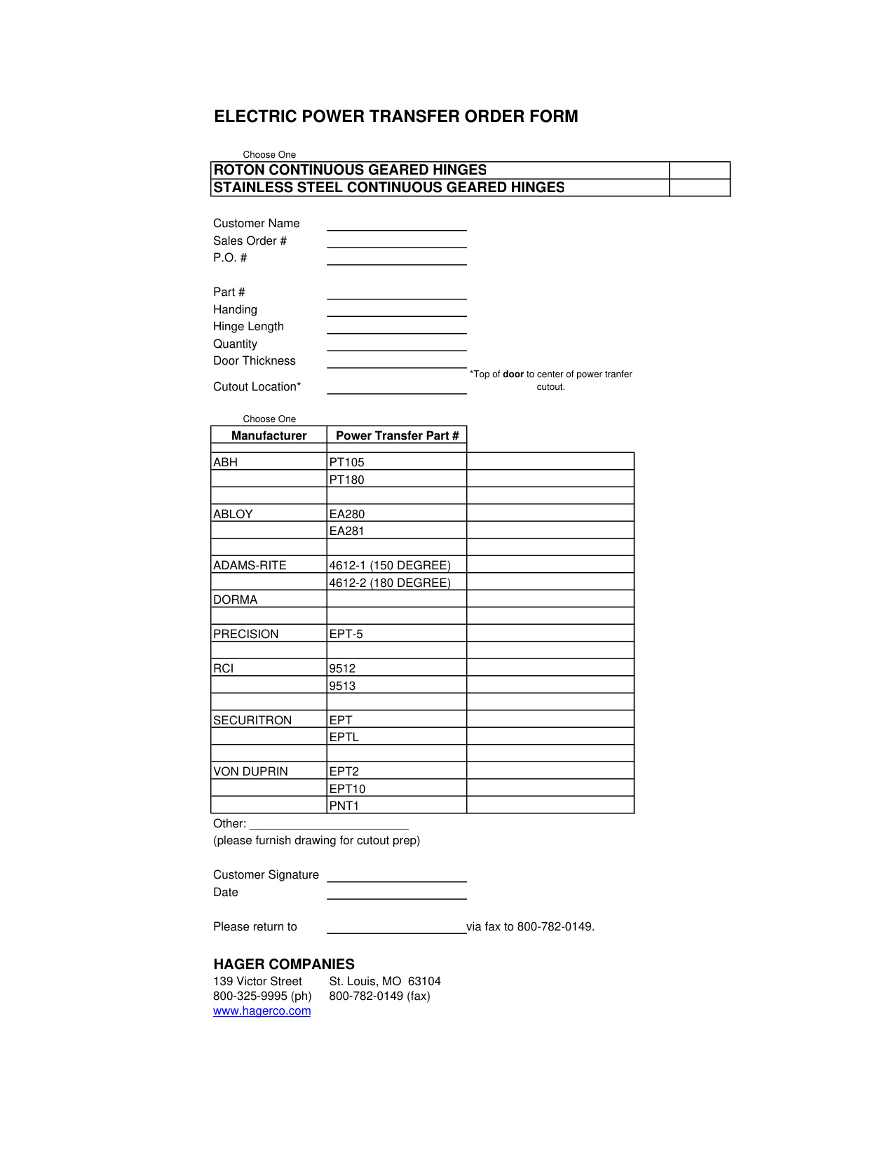 Hager Electric Power Transfer Order Form diagram on page 1