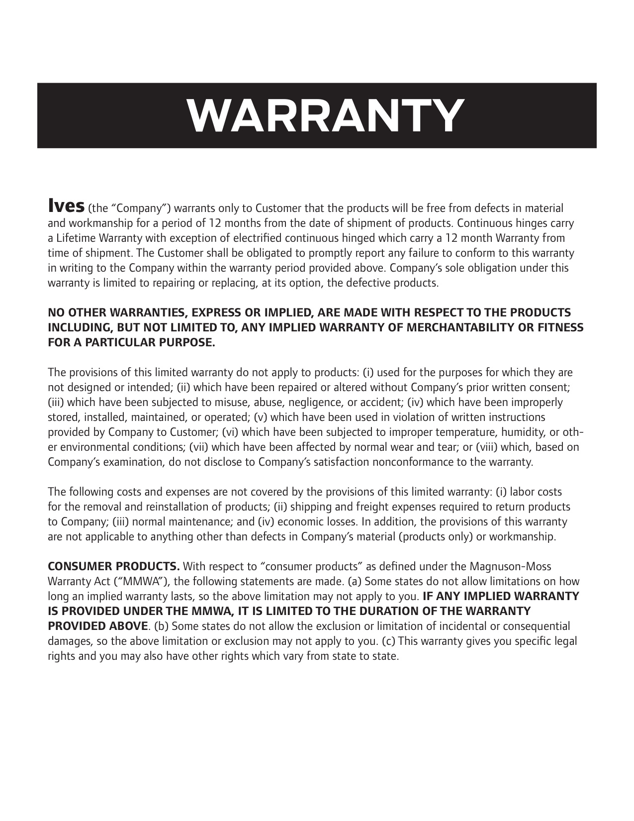 IVES Product Warranty 109923 diagram on page 1
