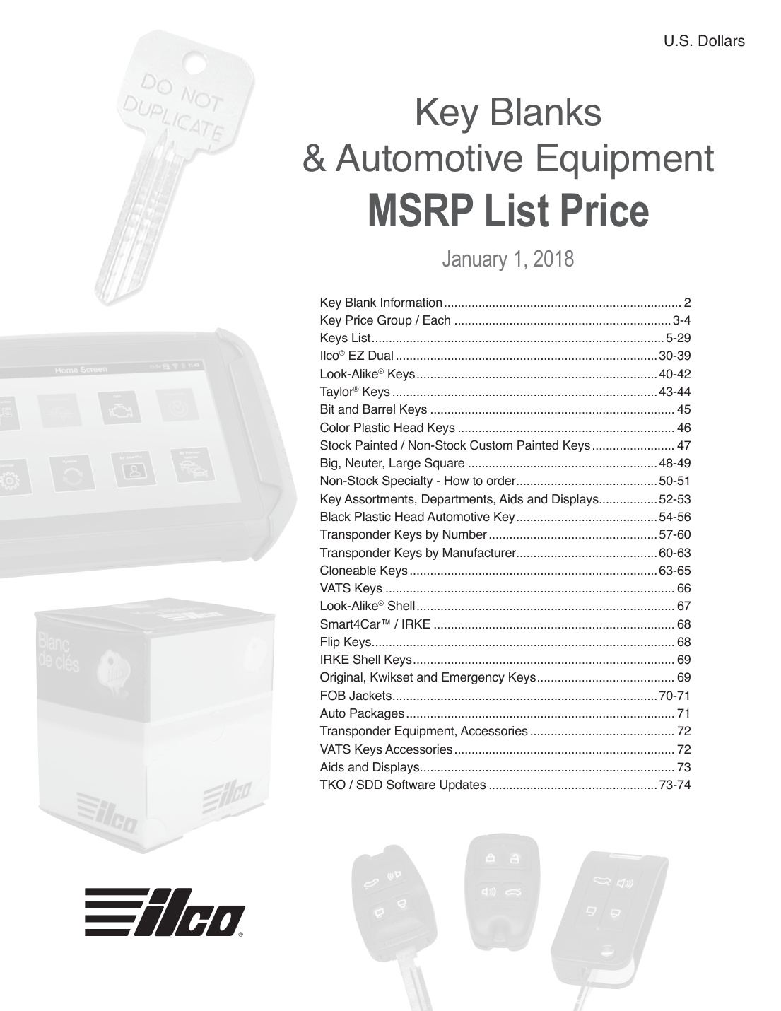 First page of Ilco_Key_Blanks_and_Automotive_Equipment_MSRP_PriceBook_Jan2018