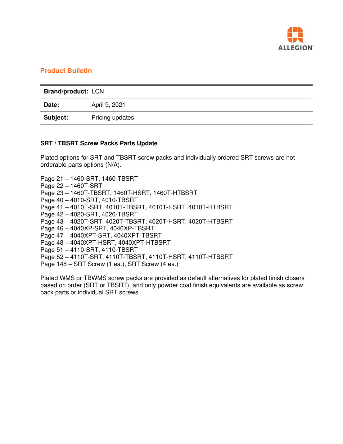First page of LCN Price Book