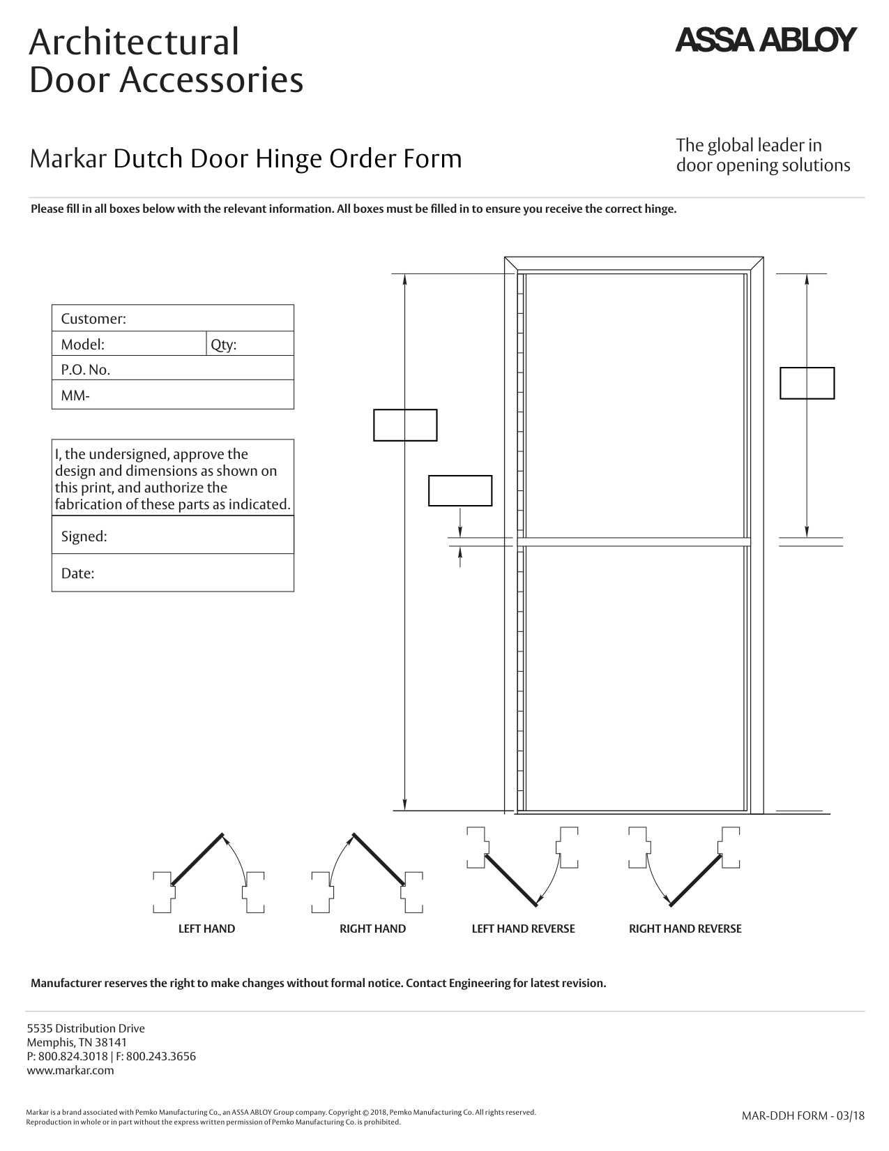 Markar Dutch Door Hinge Order Form diagram on page 1