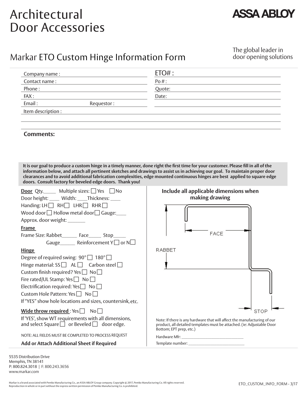 Markar ETO Custom Hinge Information Form diagram on page 1